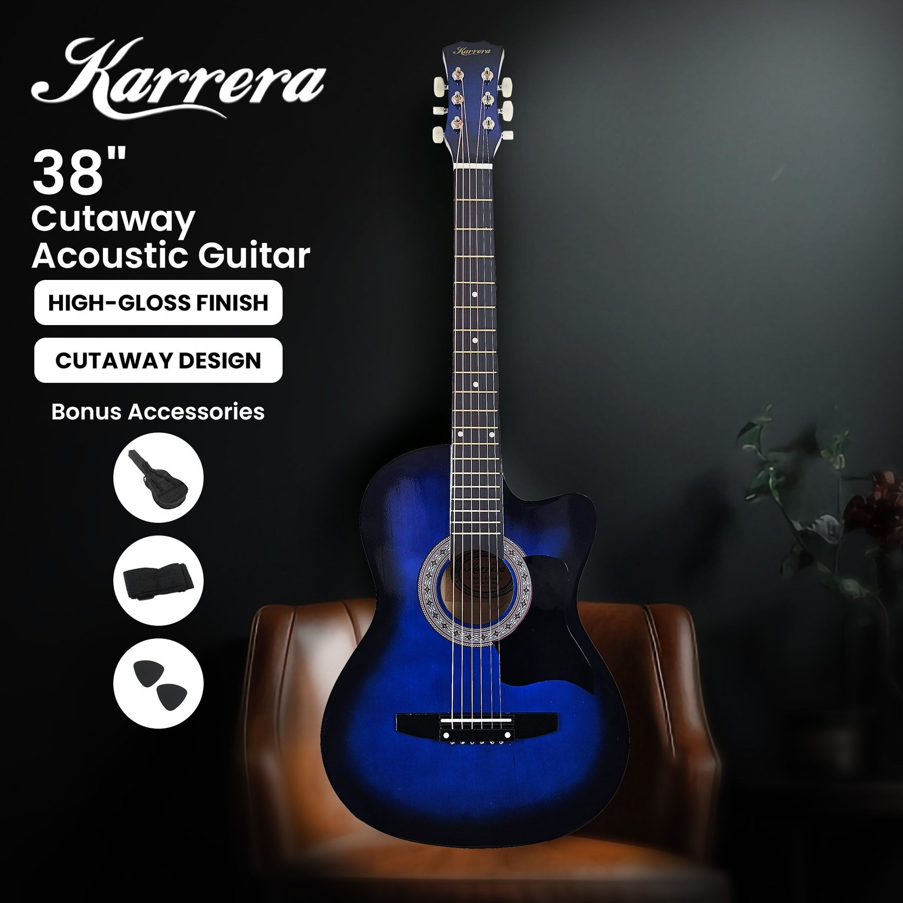 Karrera 38in Cutaway Acoustic Guitar Set - Blue Burst
