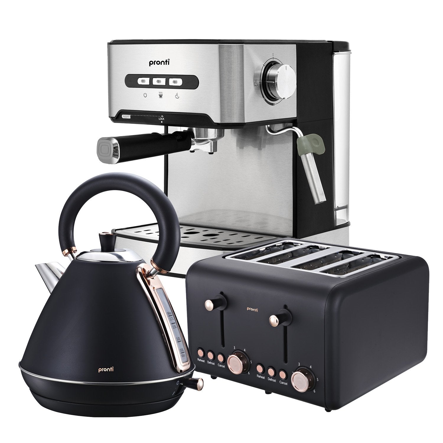 Pronti Toaster, Kettle & Coffee Machine Breakfast Set - Black - SuperSaverAU - view 1