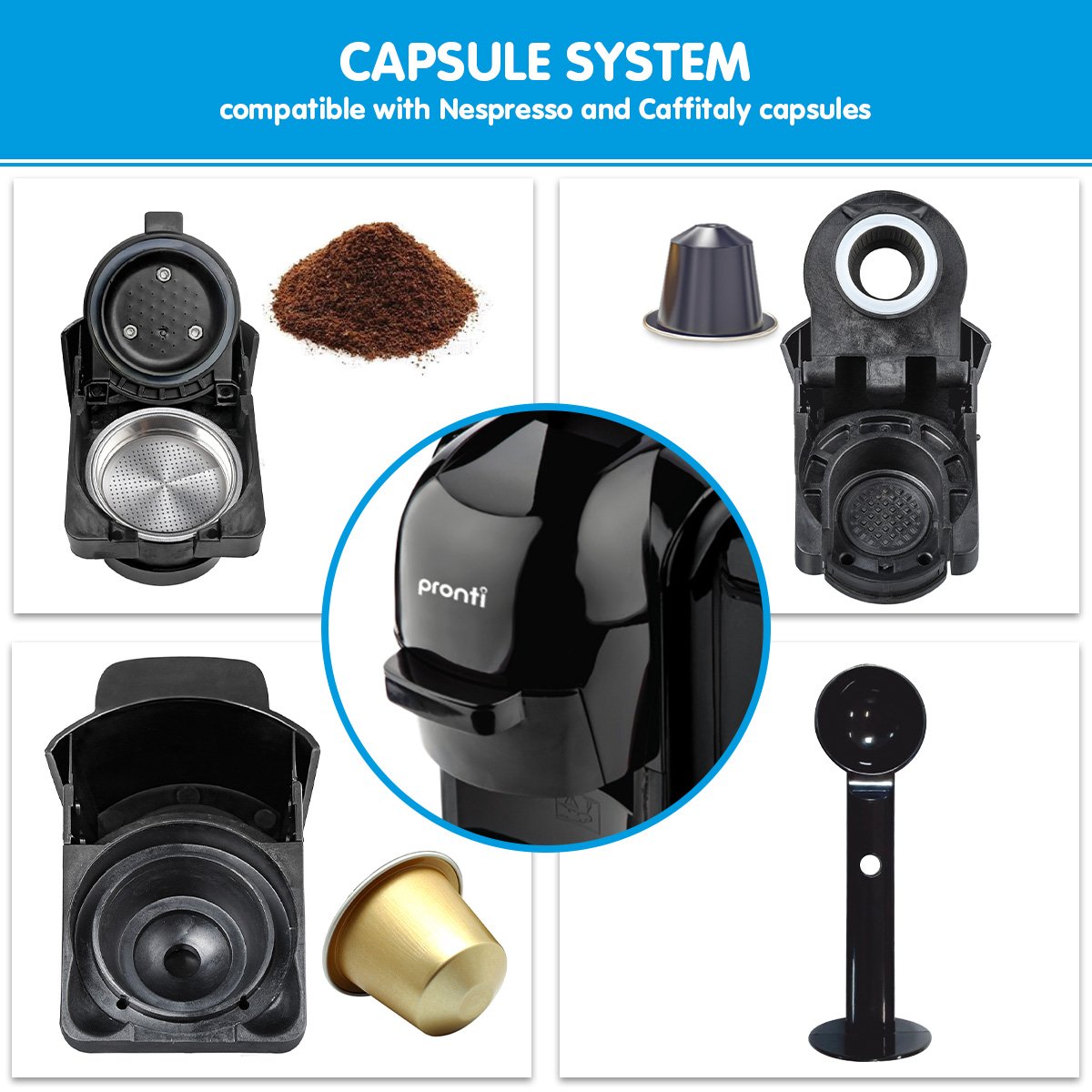 Pronti HomeMaid 3-in-1 Coffee Machine, 19 Bar, Nespresso & Caffitaly Compatible, 600ml - SuperSaverAU - view 5