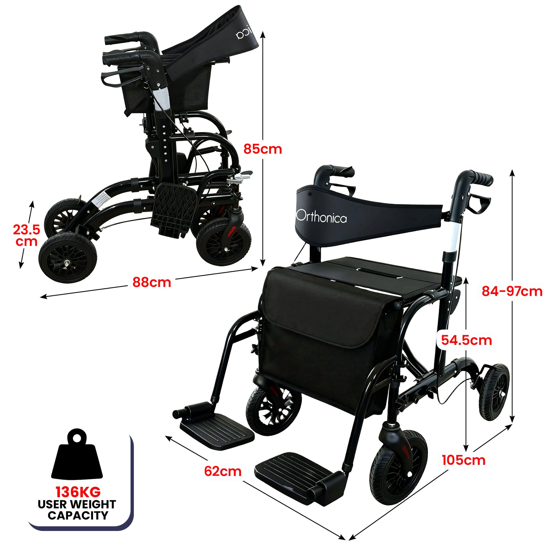 Orthonica Aluminium 2-in-1 Rollator Wheelchair Black Silver 136kg Capacity