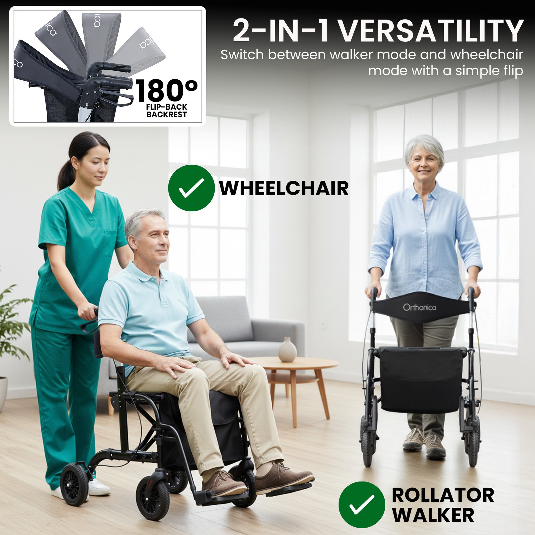 Orthonica Aluminium 2-in-1 Rollator Wheelchair Black Silver 136kg Capacity