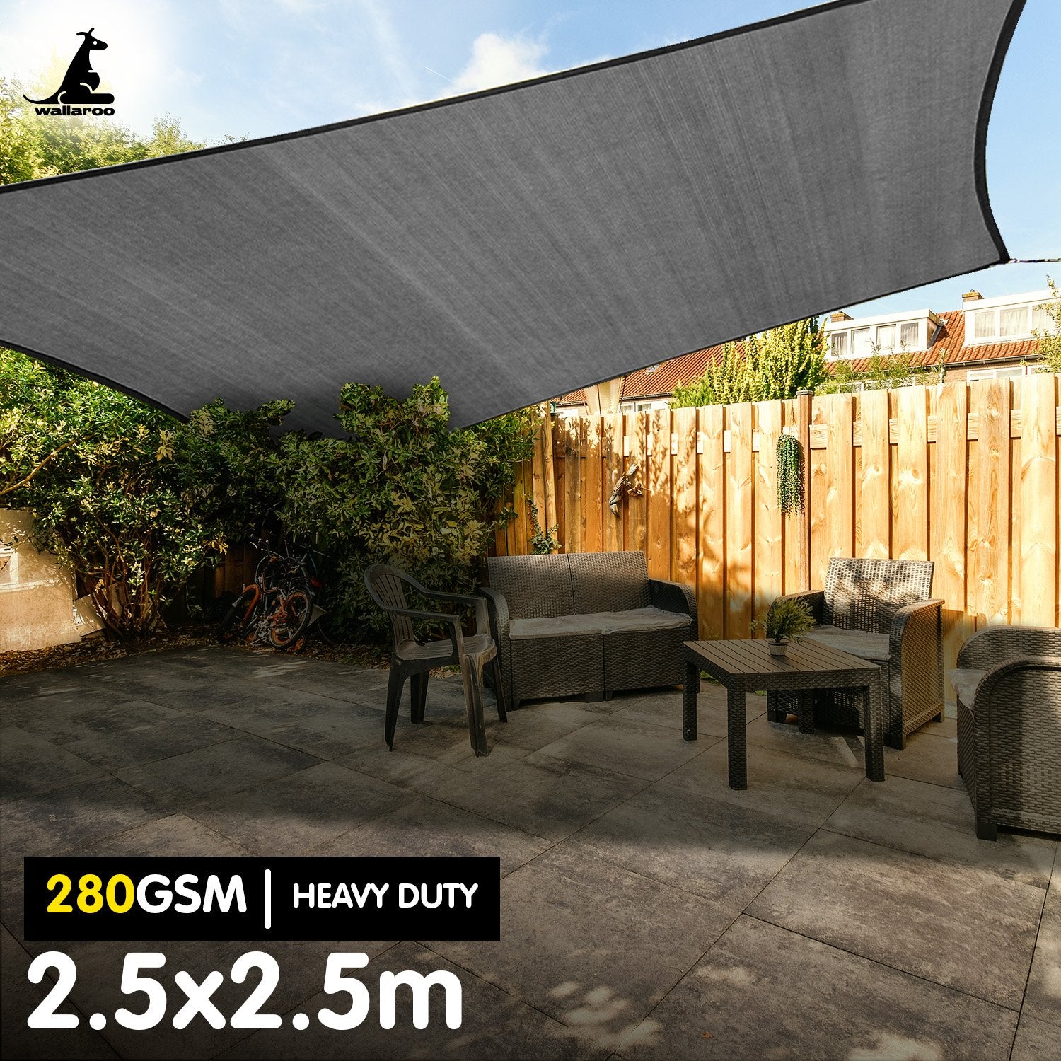 Wallaroo 280GSM Outdoor Sun Shade Sail with 95% UV Block - Grey 2.5m x 2.5m