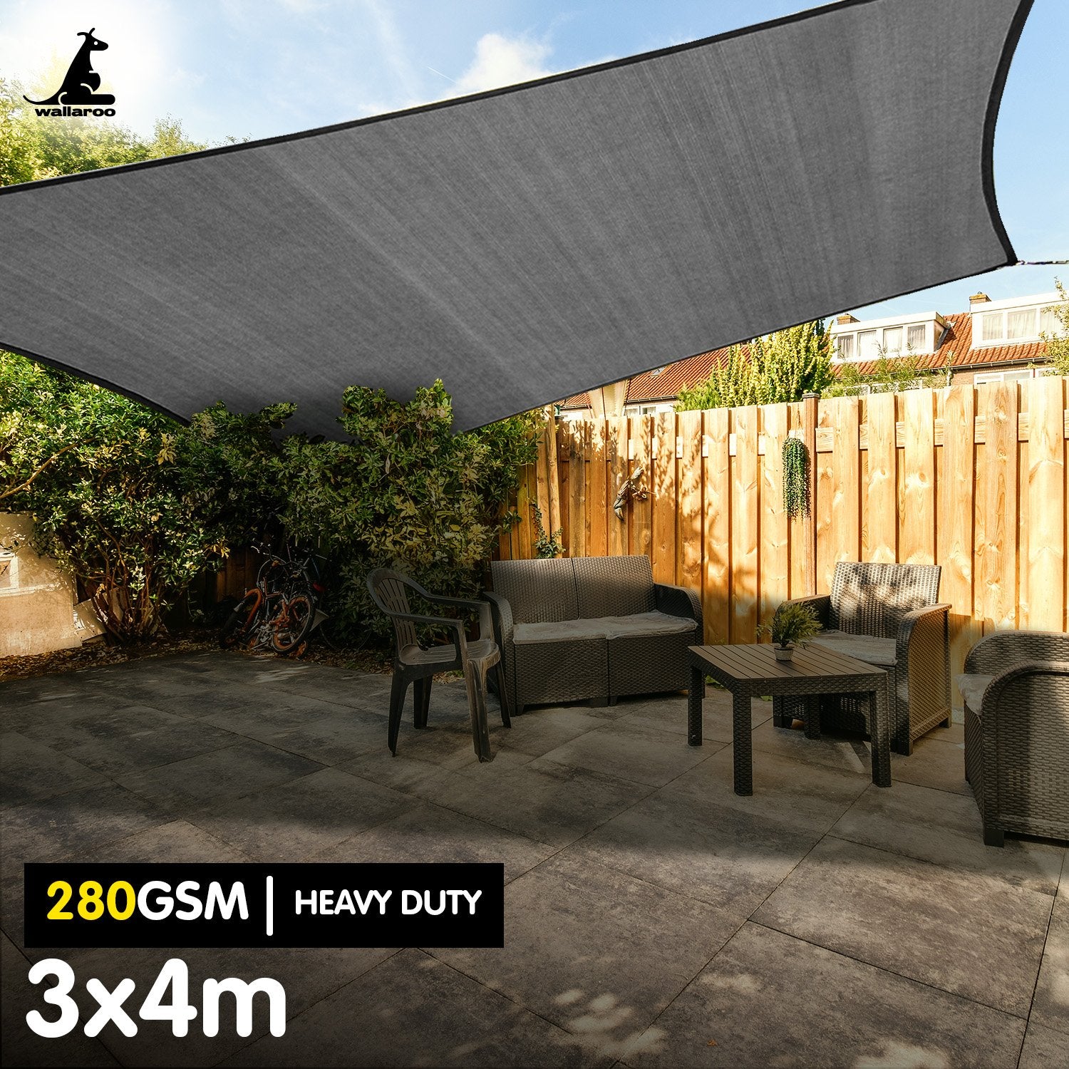 Wallaroo 280GSM Outdoor Sun Shade Sail with 95% UV Block - Grey 3m x 4m
