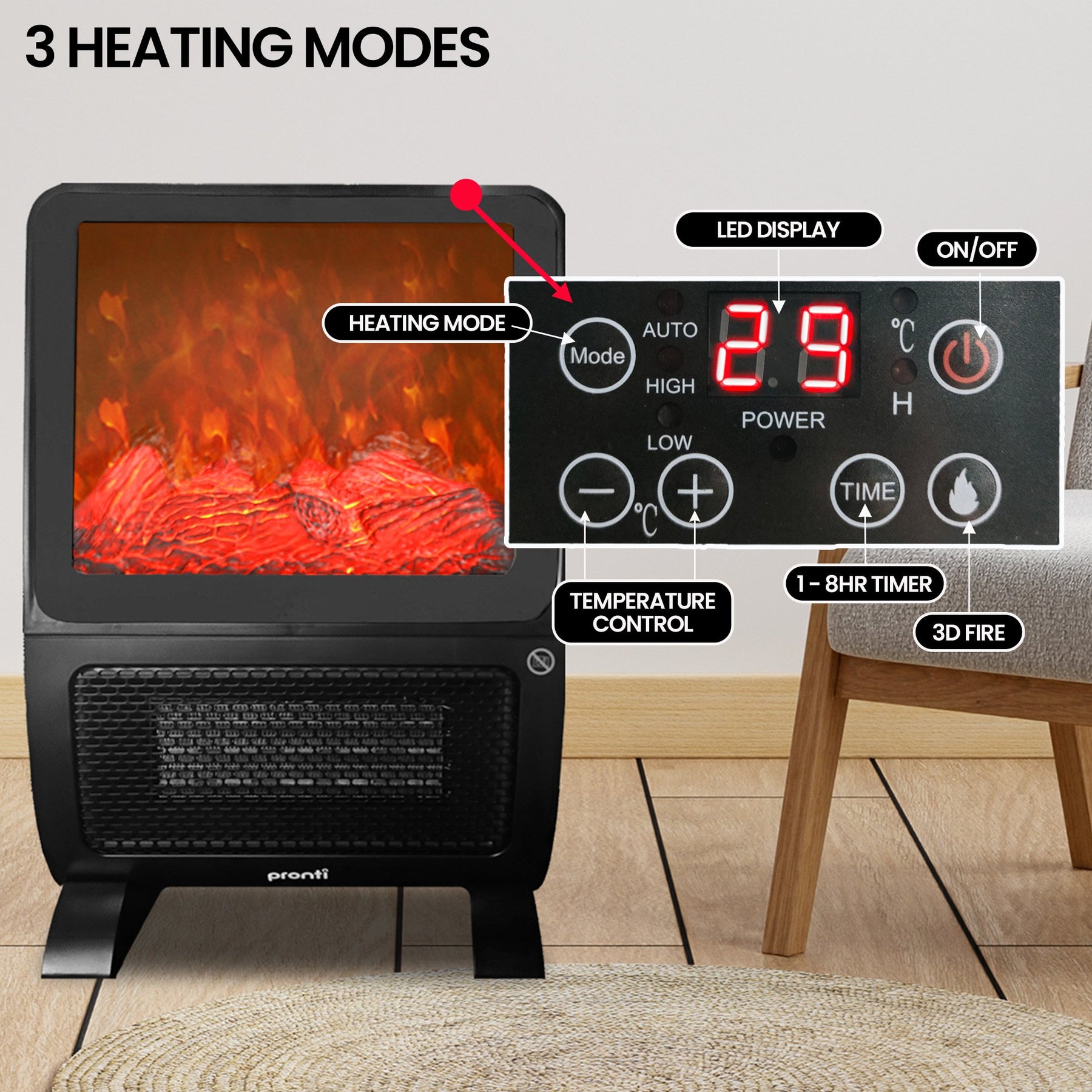 Pronti 2000W 3D Fire PTC Electric Portable Room Heater - SuperSaverAU - view 6