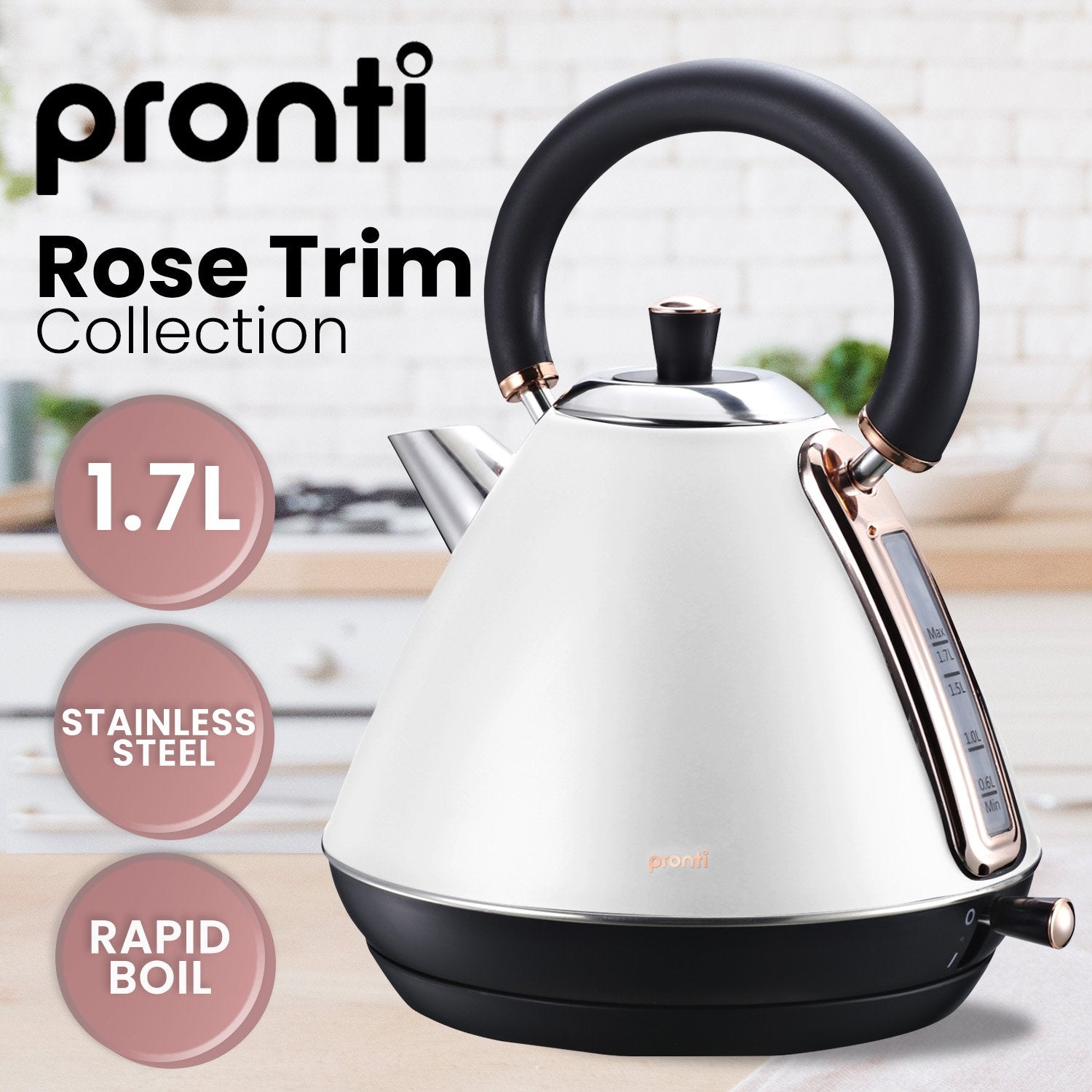 Pronti 1.7L Rose Trim Kettle - Stainless Steel, Rapid Boil, Auto Shut Off - SuperSaverAU - view 8