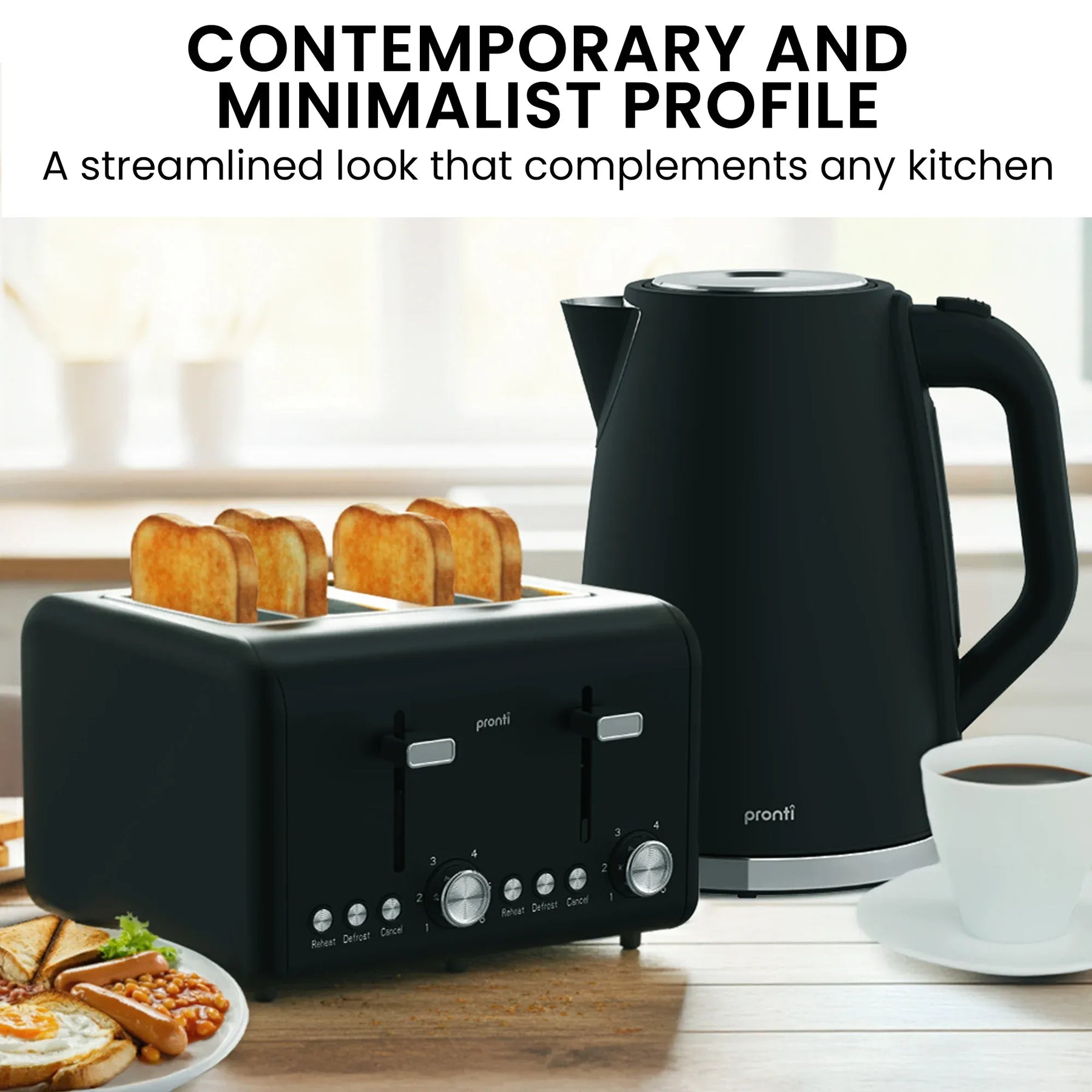 Pronti Silver Noir 4 Slice Toaster & 1.7L Kettle Bundle