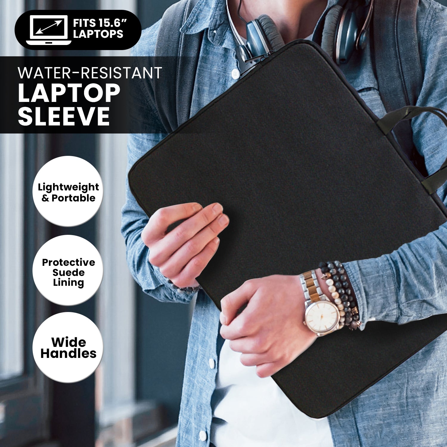 Klika 15.6” Water-Resistant Laptop Sleeve Bag - Lightweight, Soft Suede Lining - SuperSaverAU - view 5