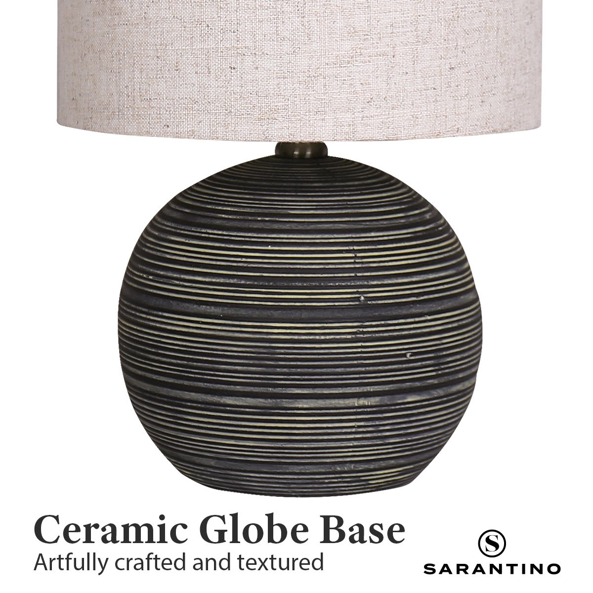 Sarantino Ceramic Table Lamp, Globe Base, Striped Pattern, Antique Black, Beige Shade - SuperSaverAU - view 4