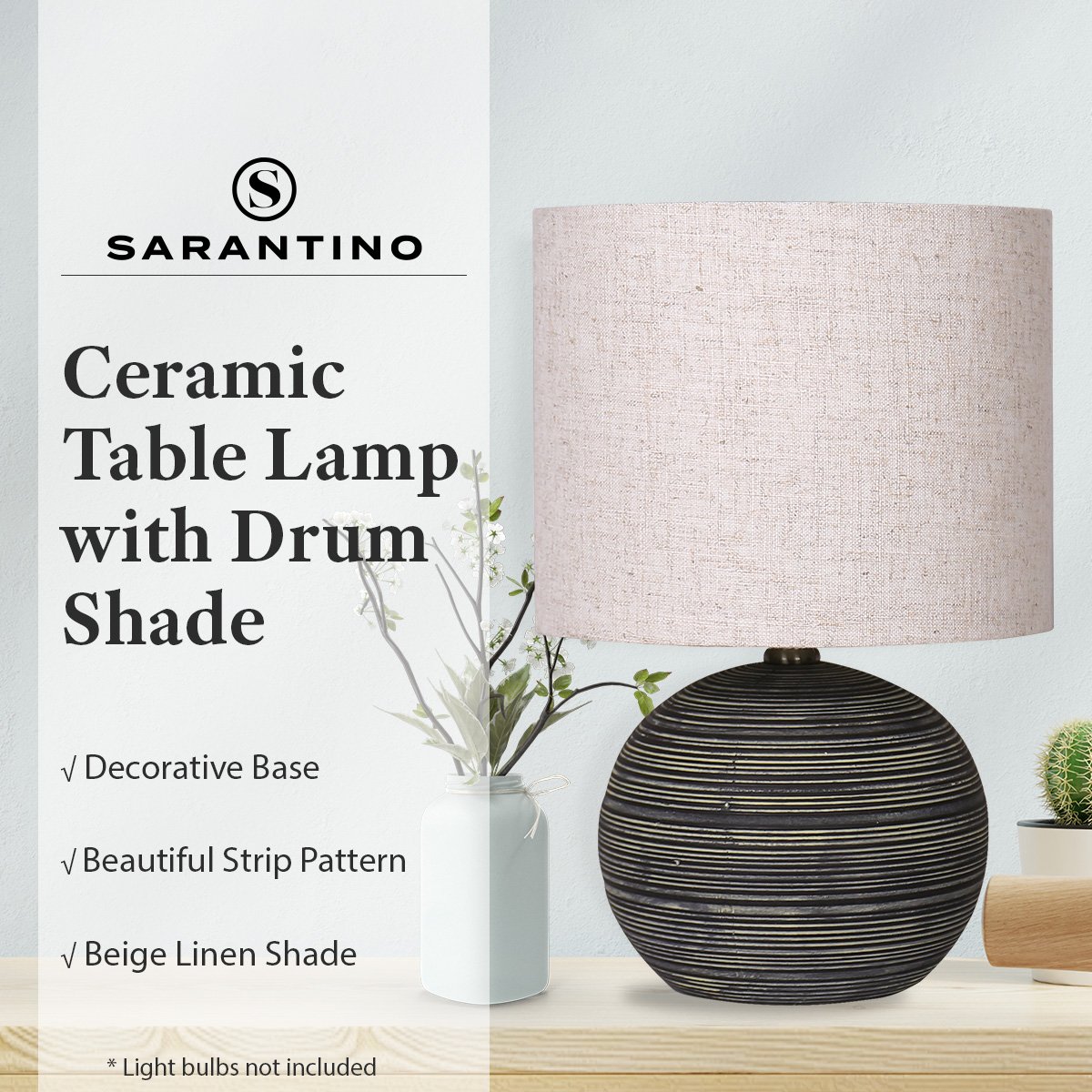 Sarantino Ceramic Table Lamp, Globe Base, Striped Pattern, Antique Black, Beige Shade - SuperSaverAU - view 7