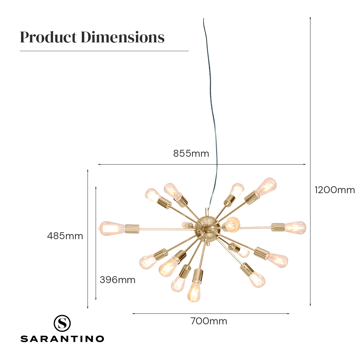 Sarantino 15-Light Sputnik Chandelier, Brass Finish, 70x70x120cm, Adjustable - SuperSaverAU - view 4