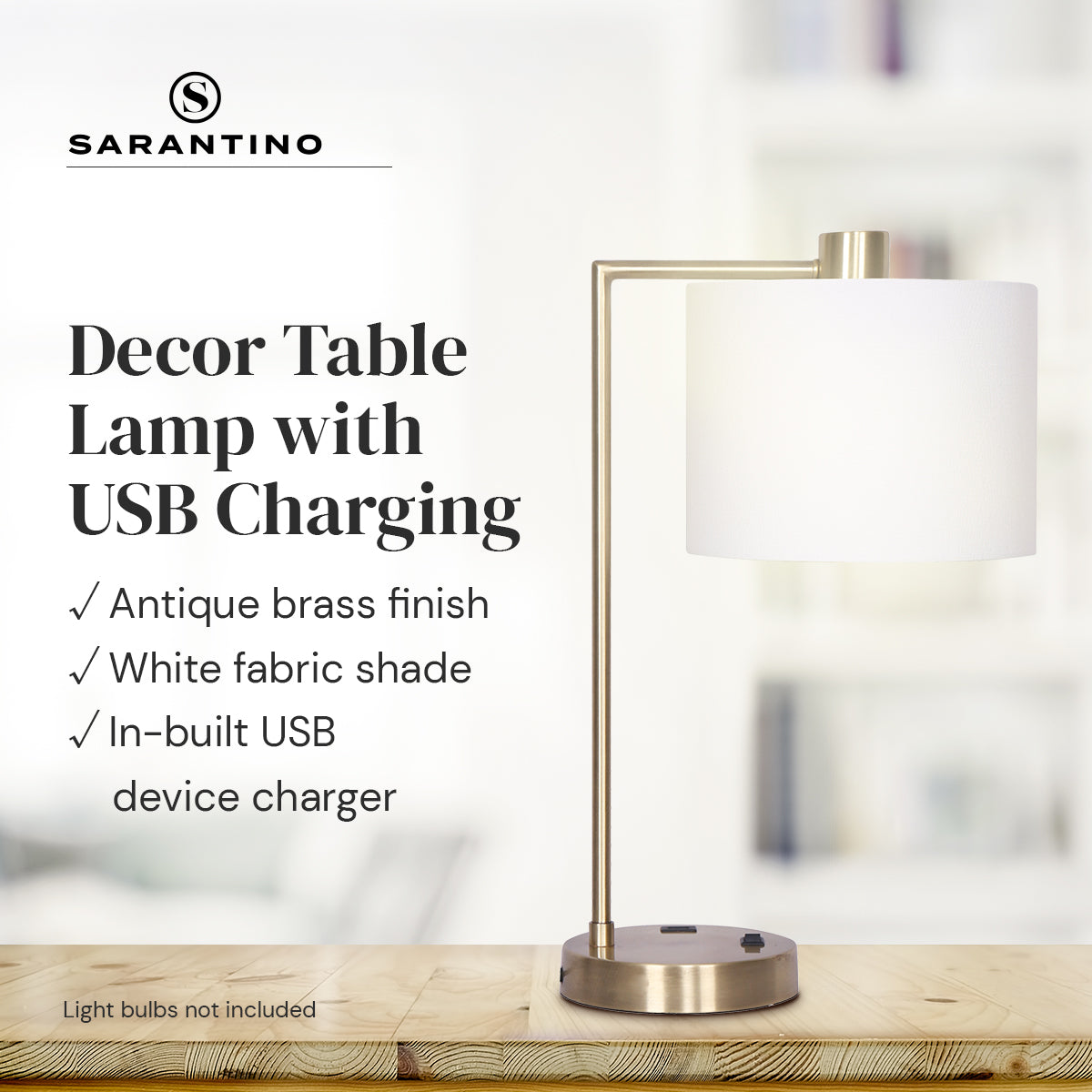 Sarantino Metal Task Lamp with USB Charging Port, 29.5x22x48cm, Antique Brass Finish - SuperSaverAU - view 3
