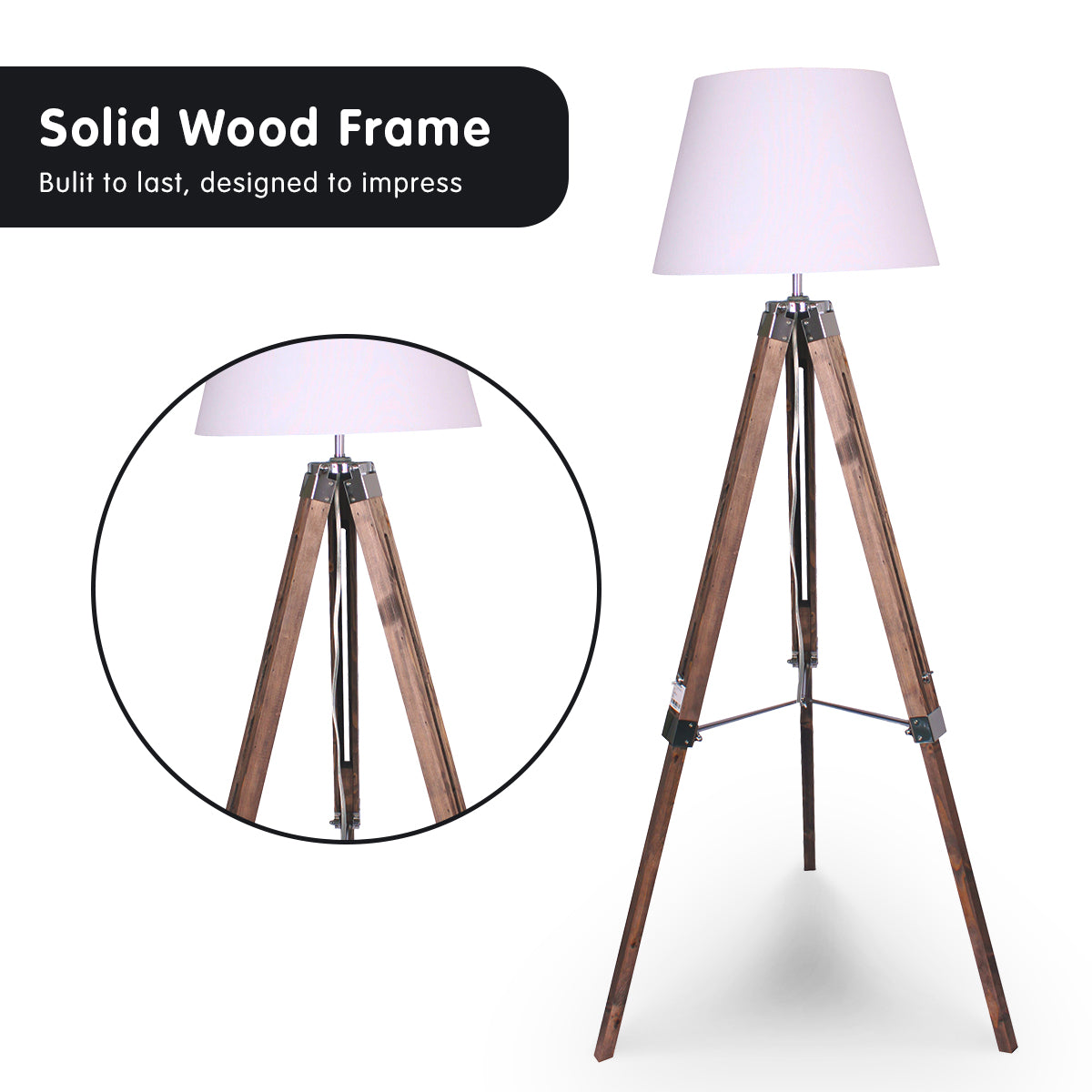 Sarantino Solid Wood Tripod Floor Lamp, Adjustable Height, White Shade, 65x65x145cm - SuperSaverAU - view 1