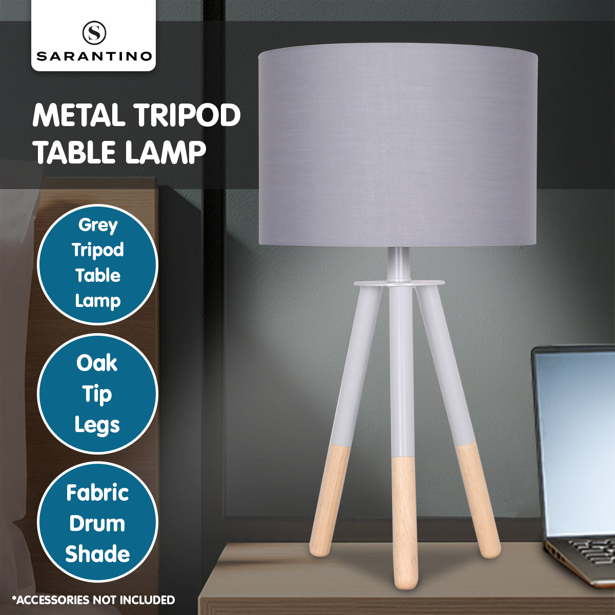 Sarantino Tripod Desk Lamp, 30.5x30.5x56.5cm, Metal & Wood, Grey Shade - SuperSaverAU - view 4