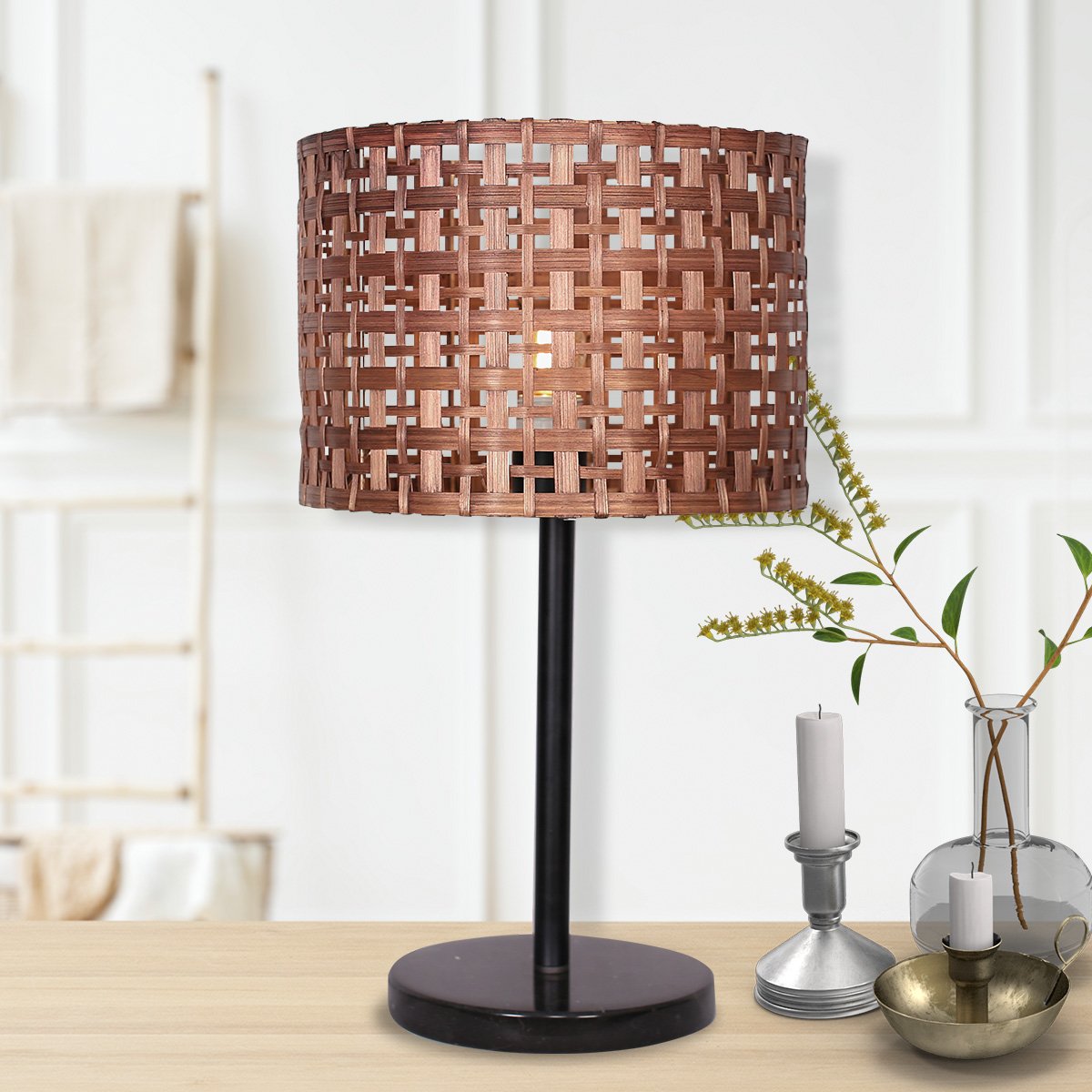 Sarantino Rattan Desk Lamp with Black Marble Base - Natural Brown Shade - SuperSaverAU - view 6