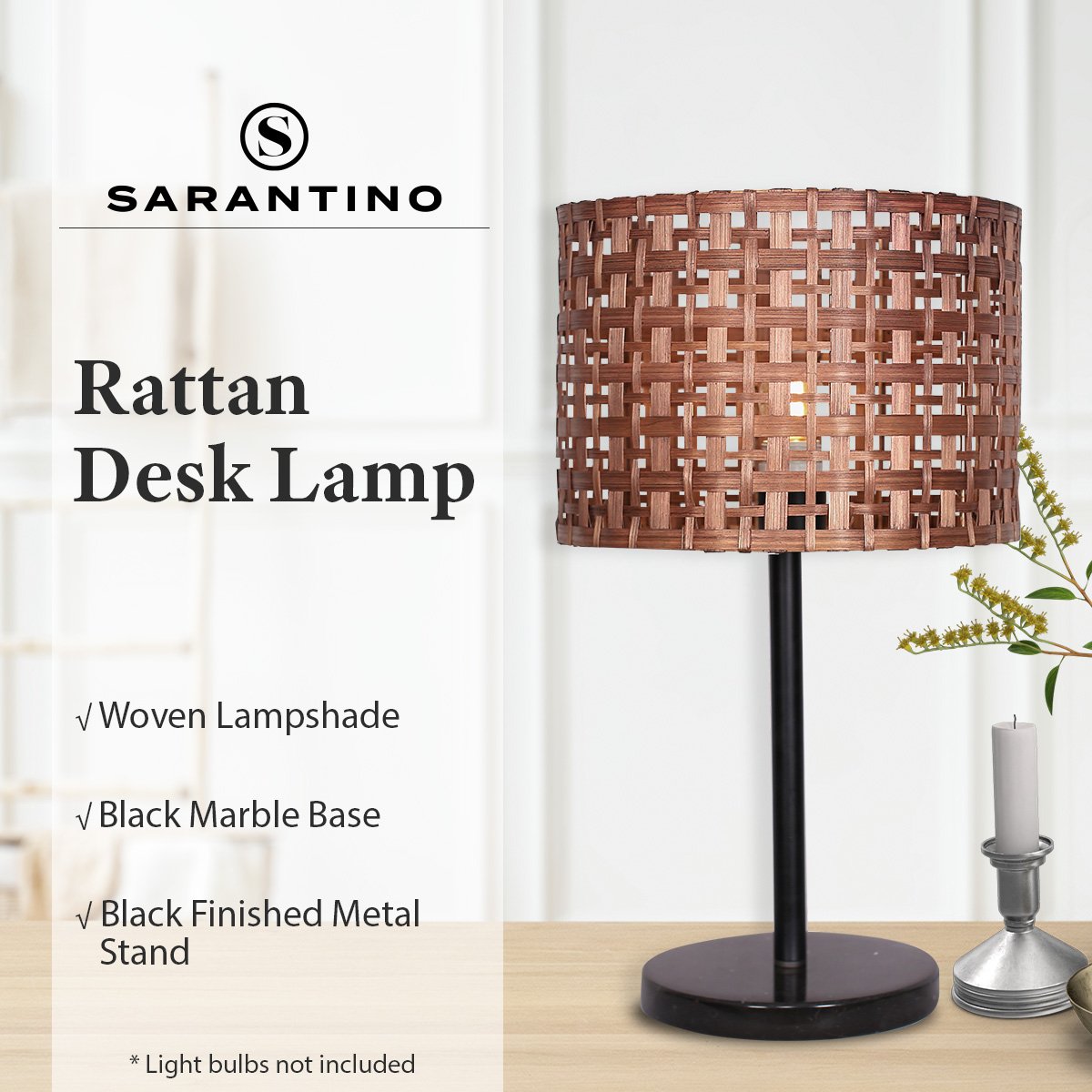 Sarantino Rattan Desk Lamp with Black Marble Base - Natural Brown Shade - SuperSaverAU - view 7