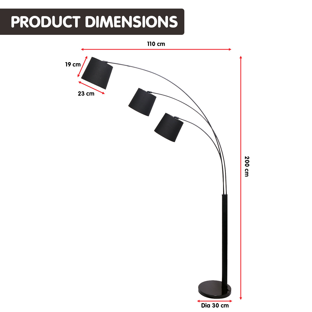 Sarantino 3-Light Arc Floor Lamp, Adjustable Black, 200cm, Mid-Century Modern - SuperSaverAU - view 1