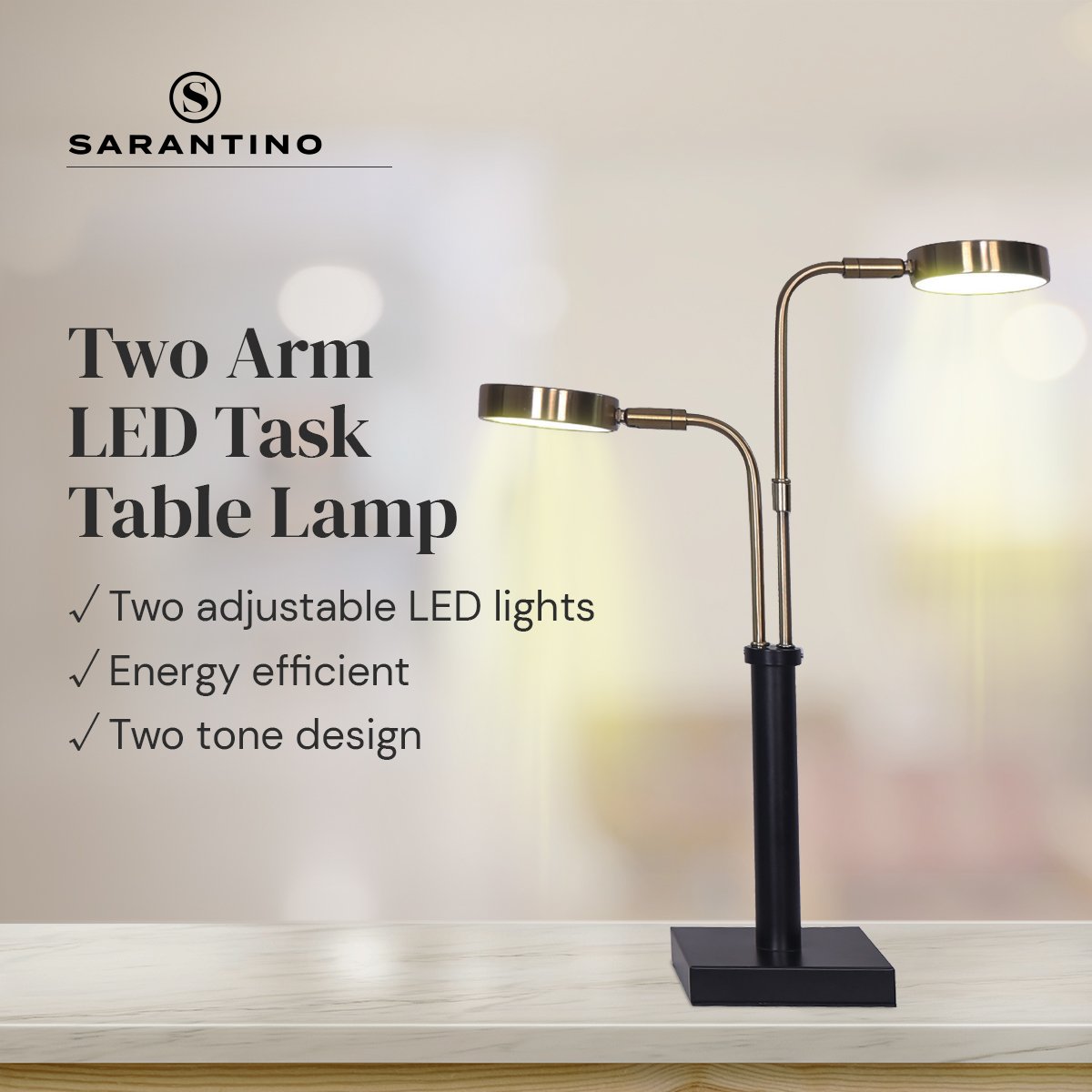 Sarantino LED Table Lamp with 2 Adjustable Lights, Brushed Gold, 39 x 51cm - SuperSaverAU - view 4