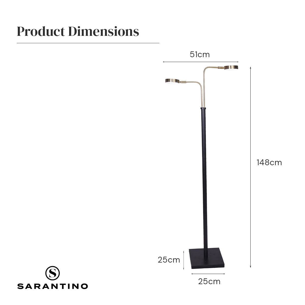 Sarantino LED Floor Lamp, 2 Adjustable Lights, Brushed Gold & Black, 51 x 148cm - SuperSaverAU - view 6