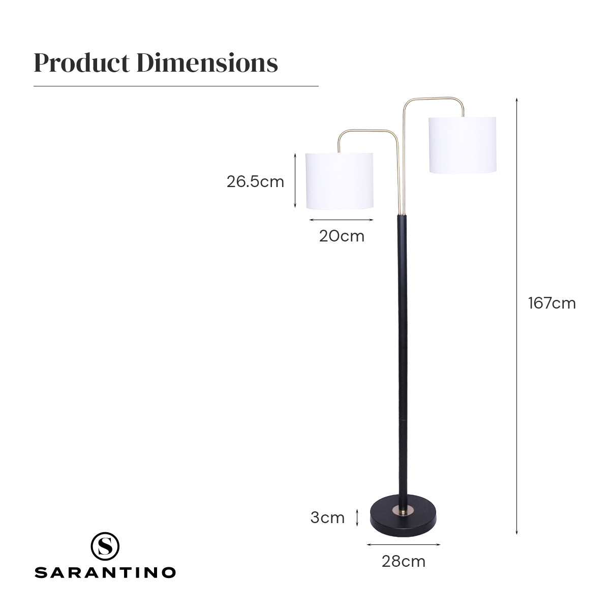 Sarantino Floor Lamp 26.5x26.5x167CM, White Linen Shade, Brushed Gold/Black Finish - SuperSaverAU - view 4