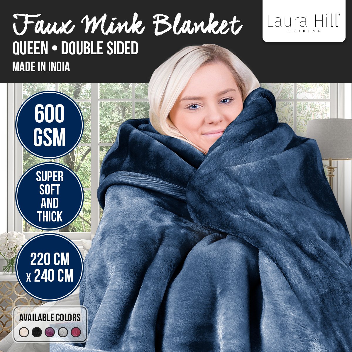 Laura Hill 800GSM Double-Sided Faux Mink Blanket – Blue Queen