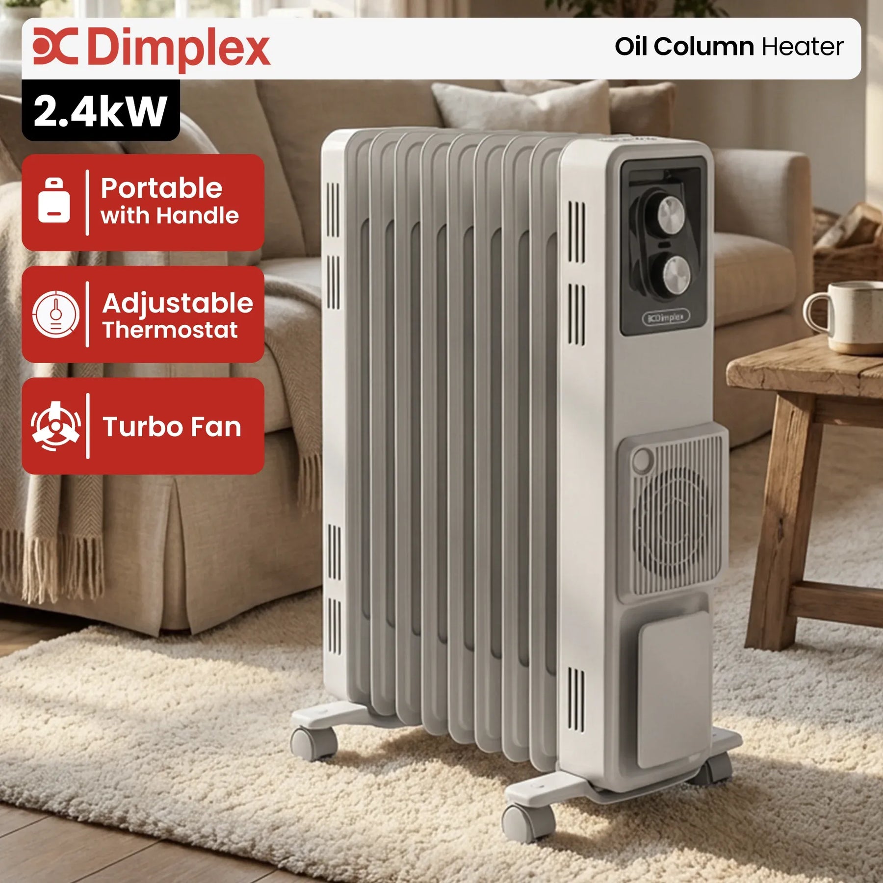 Dimplex 2.4kW Oil Column Heater with Turbo Fan 9 Fin Portable Radiator - SuperSaverAU - view 2