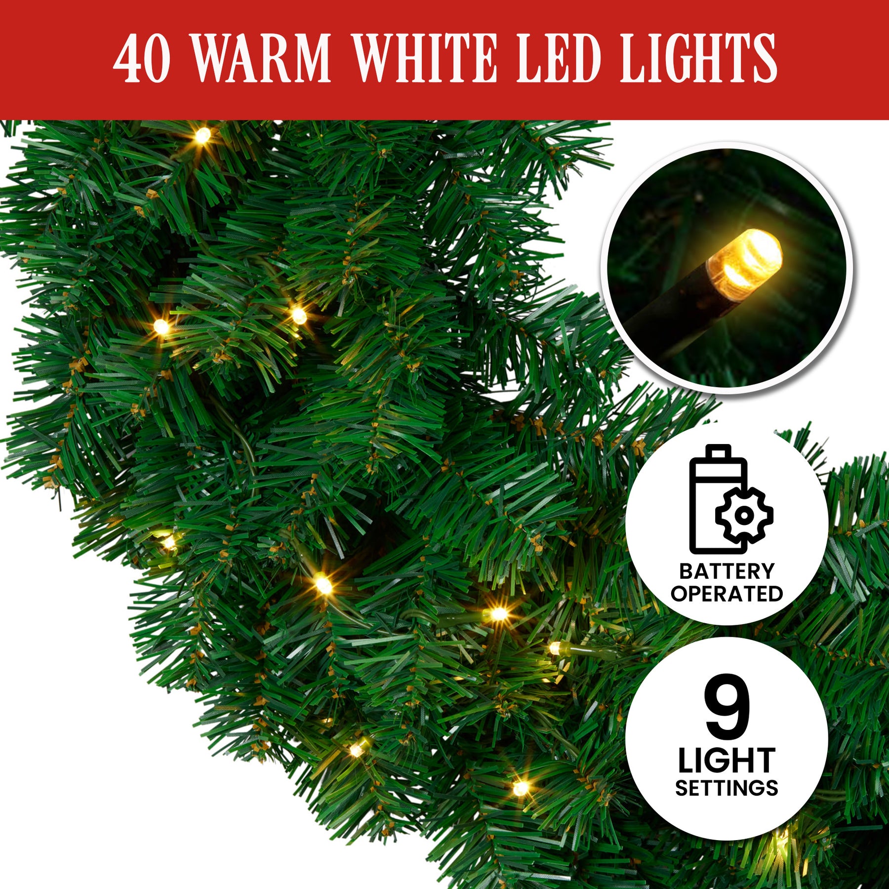 Christabelle 61cm Christmas Wreath with 40 LED Lights & 9 Functions - SuperSaverAU - view 4