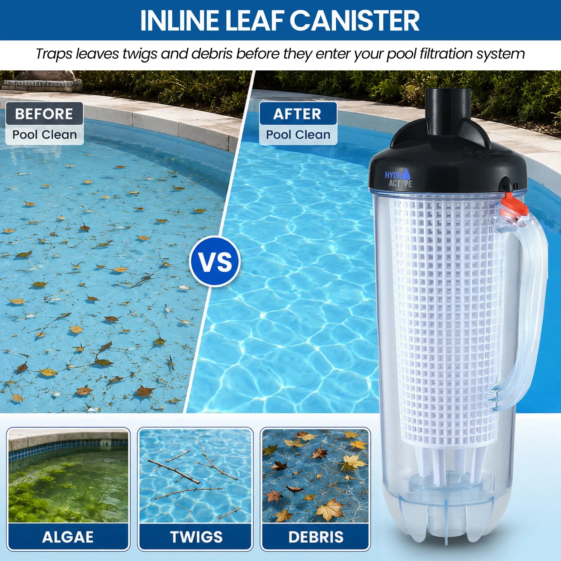HydroActive Pool Leaf Canister – Inline Debris Trap for Suction Pool Cleaners