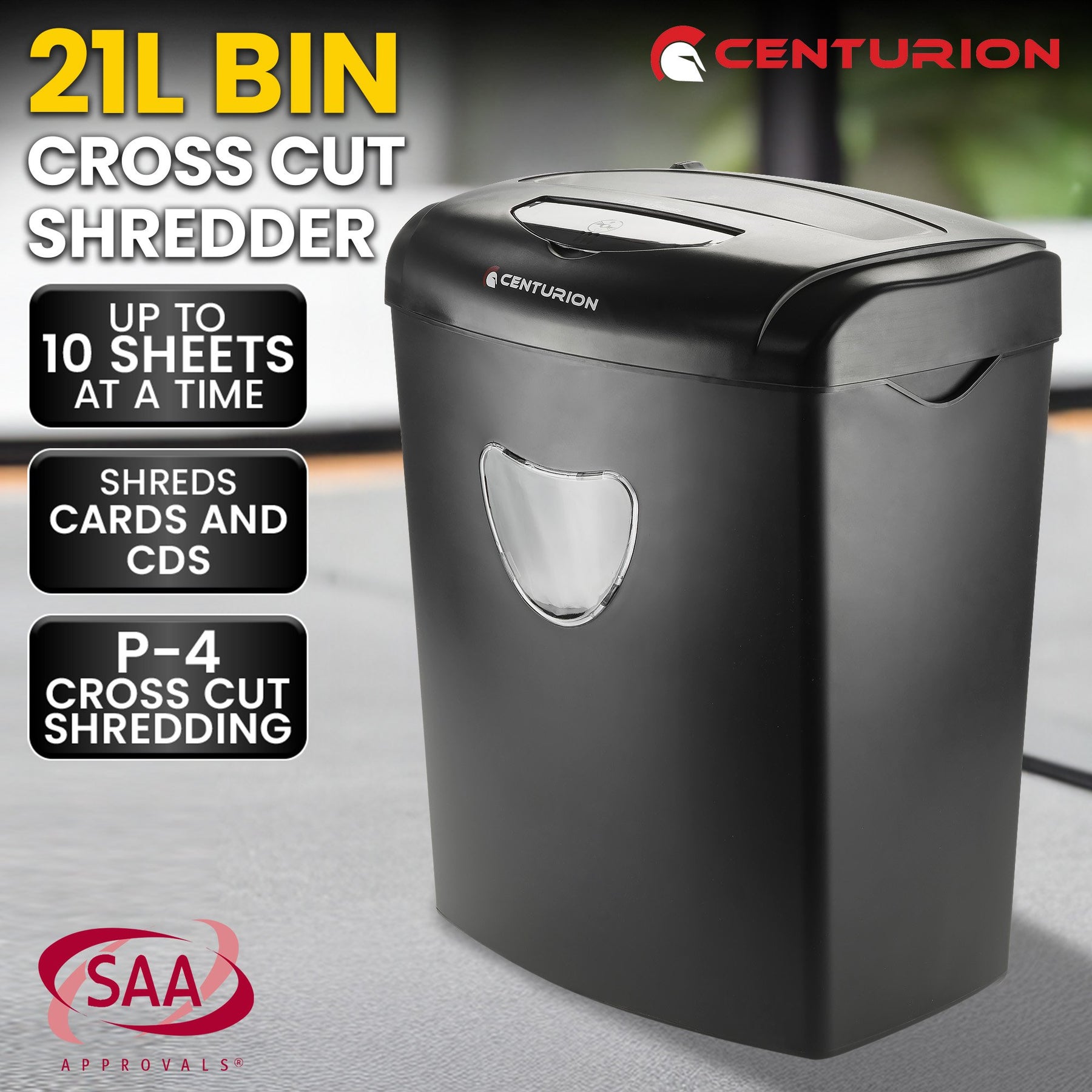 Centurion 21L Cross-Cut Shredder, 10-Sheet, Paper, CD & Credit Card Shredding - SuperSaverAU - view 2