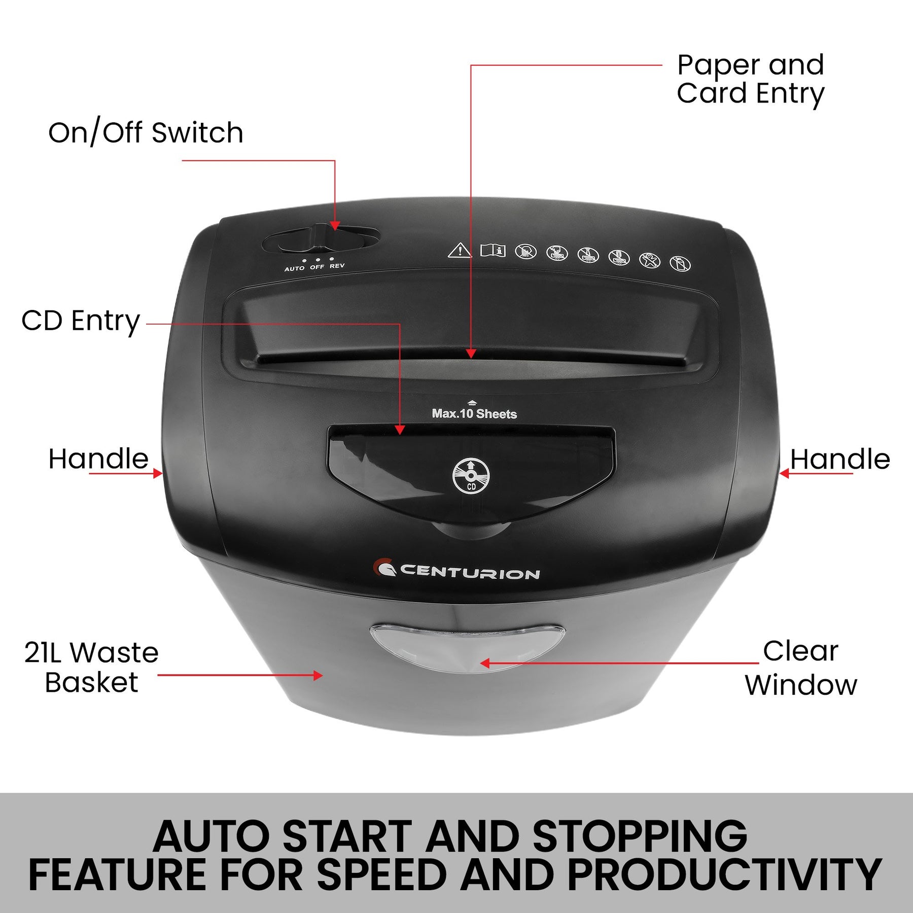 Centurion 21L Cross-Cut Shredder, 10-Sheet, Paper, CD & Credit Card Shredding - SuperSaverAU - view 9