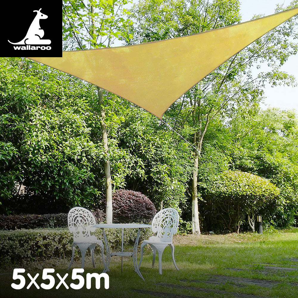 Wallaroo Shade Sail 5m Triangle - Desert Sand, UV Block, Breathable Fabric - SuperSaverAU - view 1