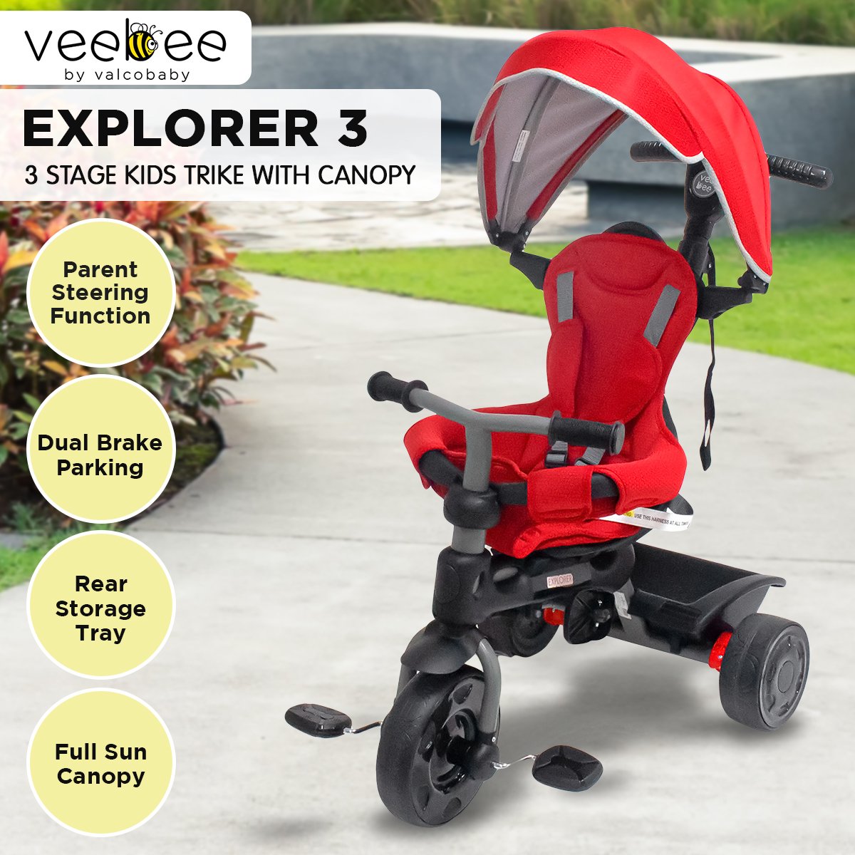 Veebee Explorer 3-Stage Kids Trike with Canopy, Safety Features, Red - SuperSaverAU - view 7