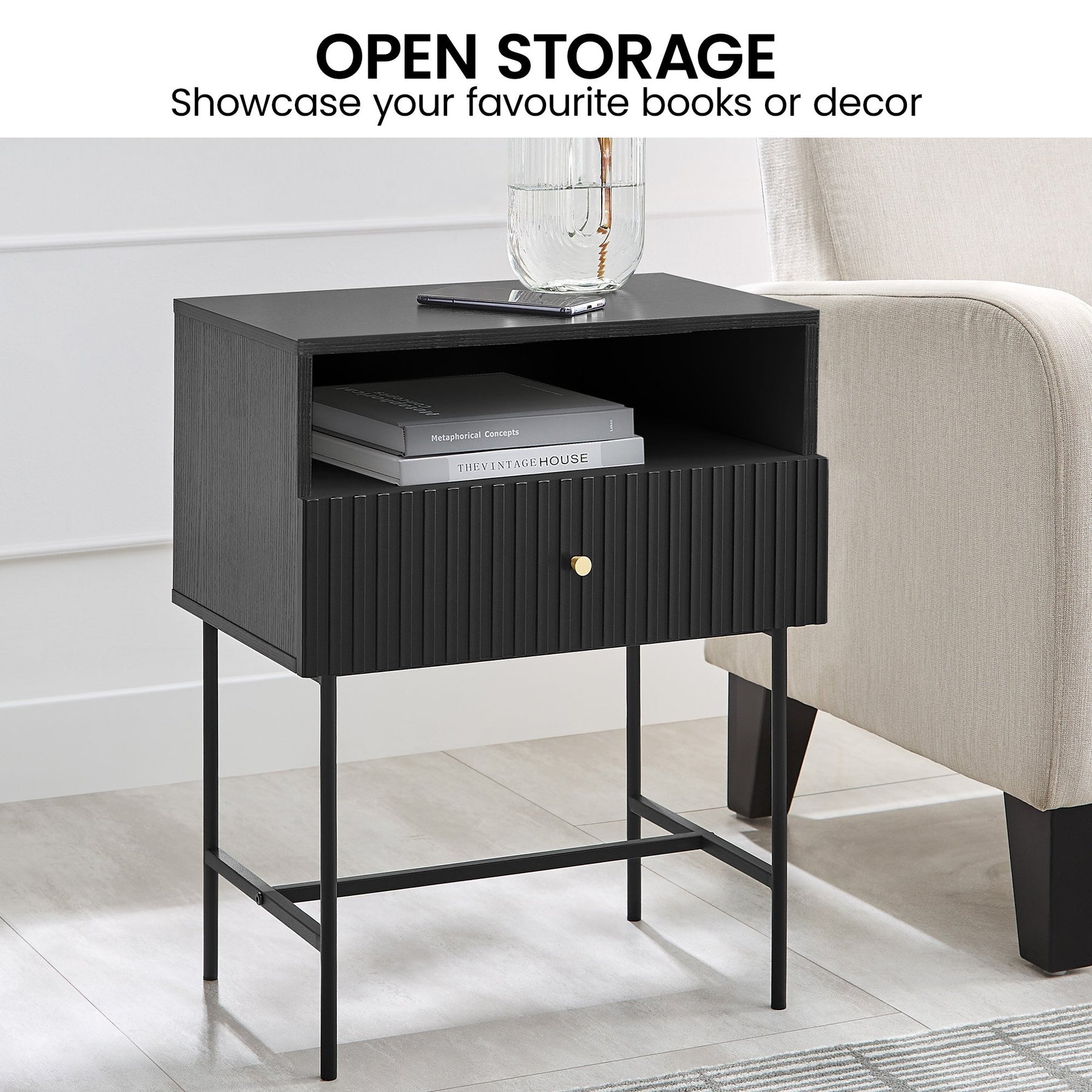 Sarantino Cecil Black Slender Fluted Bedside Table - SuperSaverAU - view 6