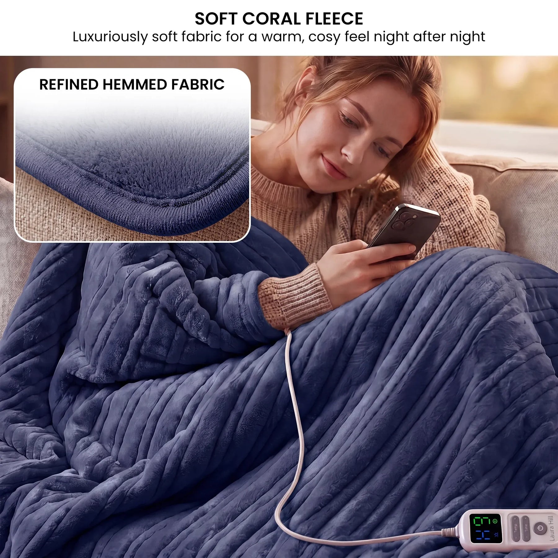 Laura Hill XL Electric Heated Blanket Throw – Blue 200 x 180cm, 10 Heat Settings