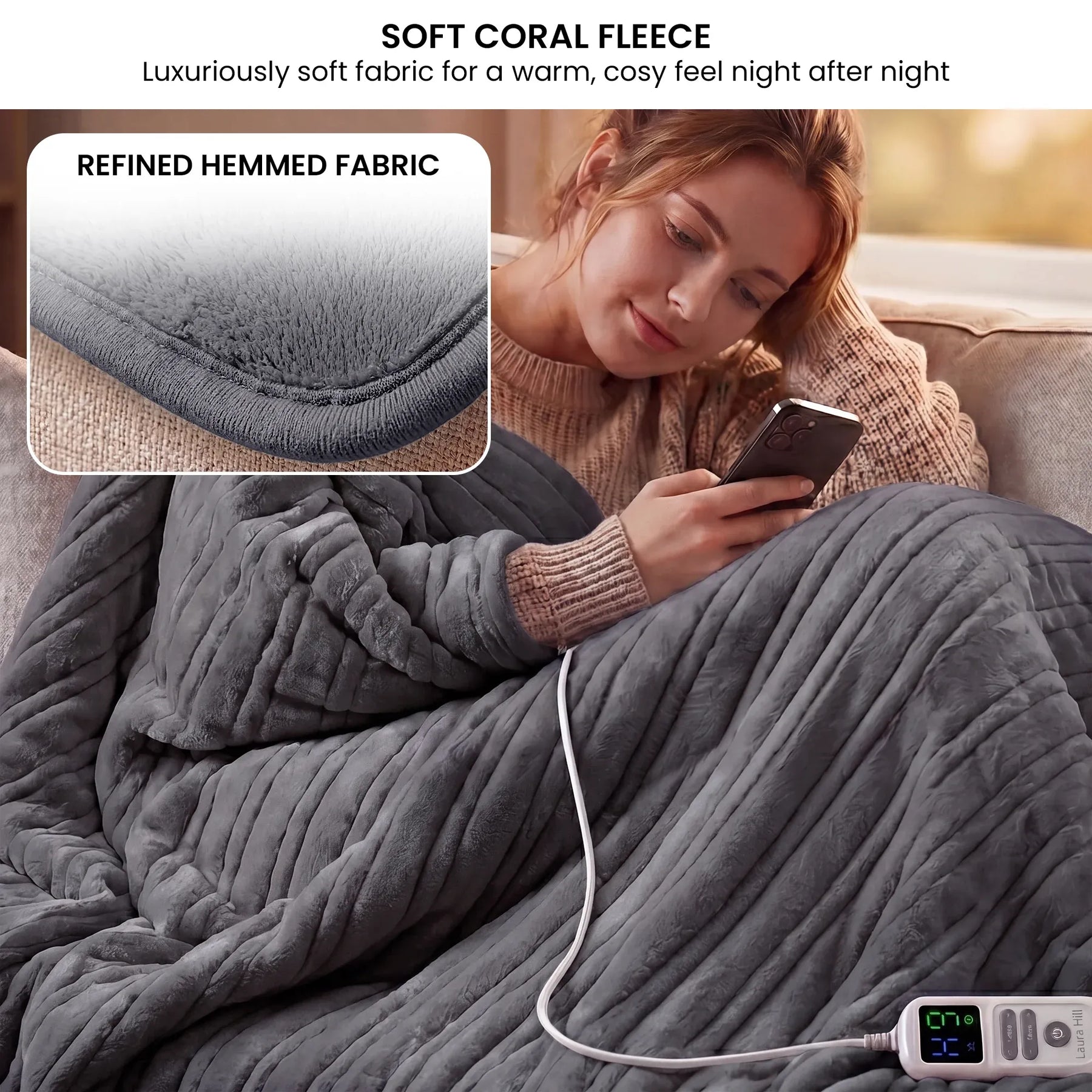 Laura Hill XL Electric Heated Blanket Throw – Grey 200 x 180cm, 10 Heat Settings