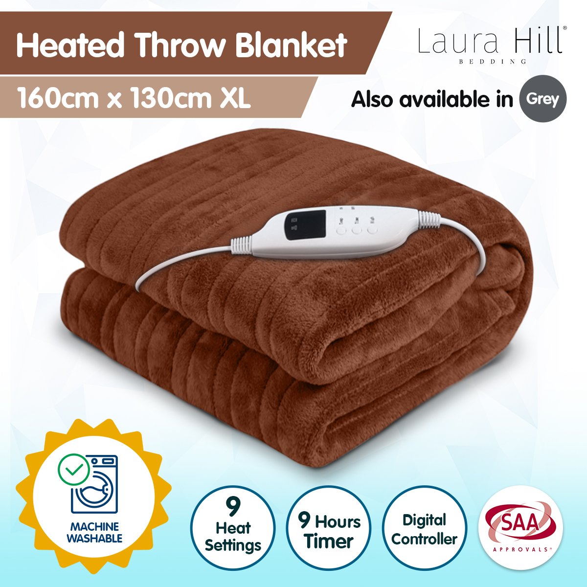 Laura Hill Electric Blanket Throw Rug Coral Fleece 160x130 cm 9 Temp Settings - SuperSaverAU - view 2