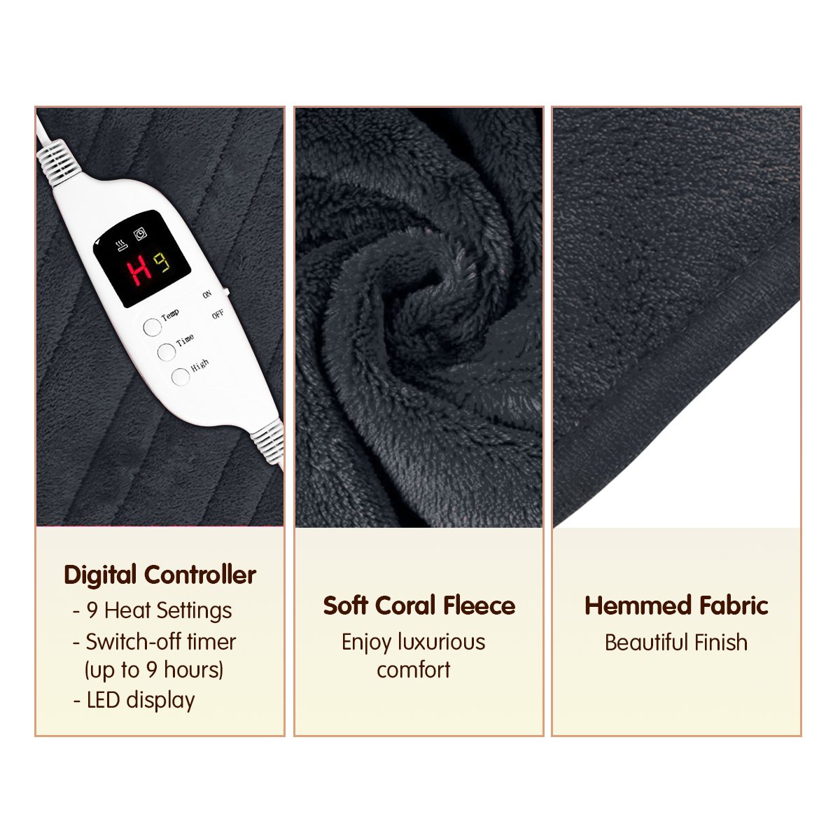 Laura Hill Electric Blanket 160x130 cm Coral Fleece, 9 Temperature Settings, Timer - SuperSaverAU - view 1