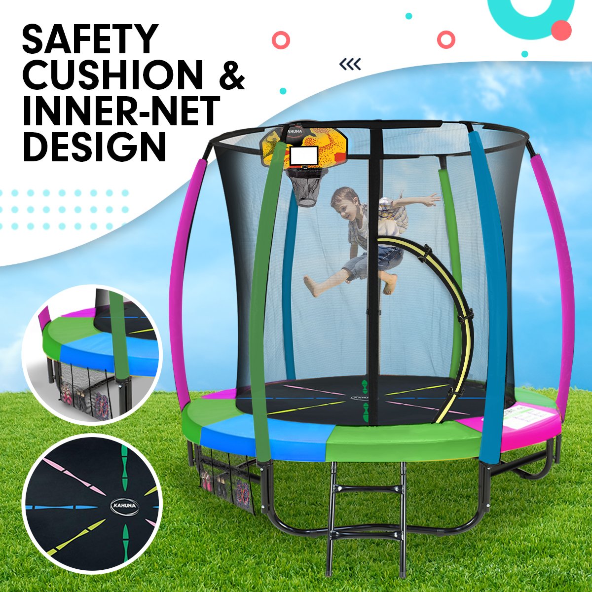 Kahuna 6ft Trampoline with Safety Net, Ladder, Basketball Set & UV Padding - SuperSaverAU - view 5