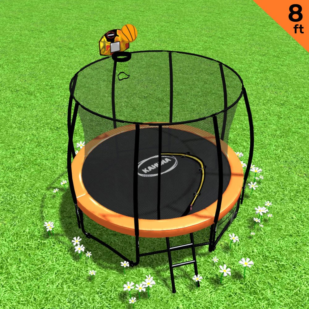 Kahuna 8ft Outdoor Orange Trampoline For Kids And Children Suited For Fitness Exercise Gymnastics With Safety Enclosure Basketball Hoop Set - SuperSaverAU - view 3