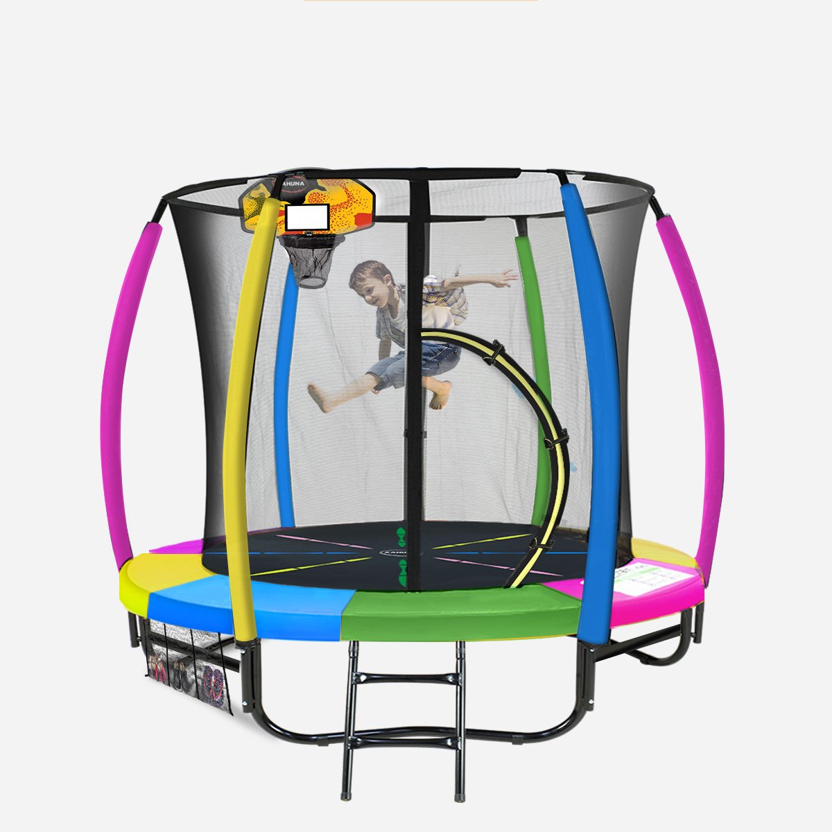 Kahuna 8ft Outdoor Trampoline Kids Children With Safety Enclosure Mat Pad Net Ladder Basketball Hoop Set - Rainbow - SuperSaverAU - view 1