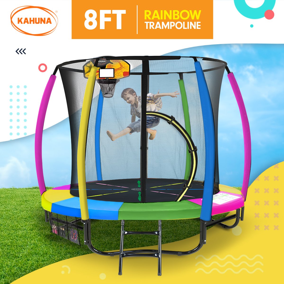 Kahuna 8ft Outdoor Trampoline Kids Children With Safety Enclosure Mat Pad Net Ladder Basketball Hoop Set - Rainbow - SuperSaverAU - view 4