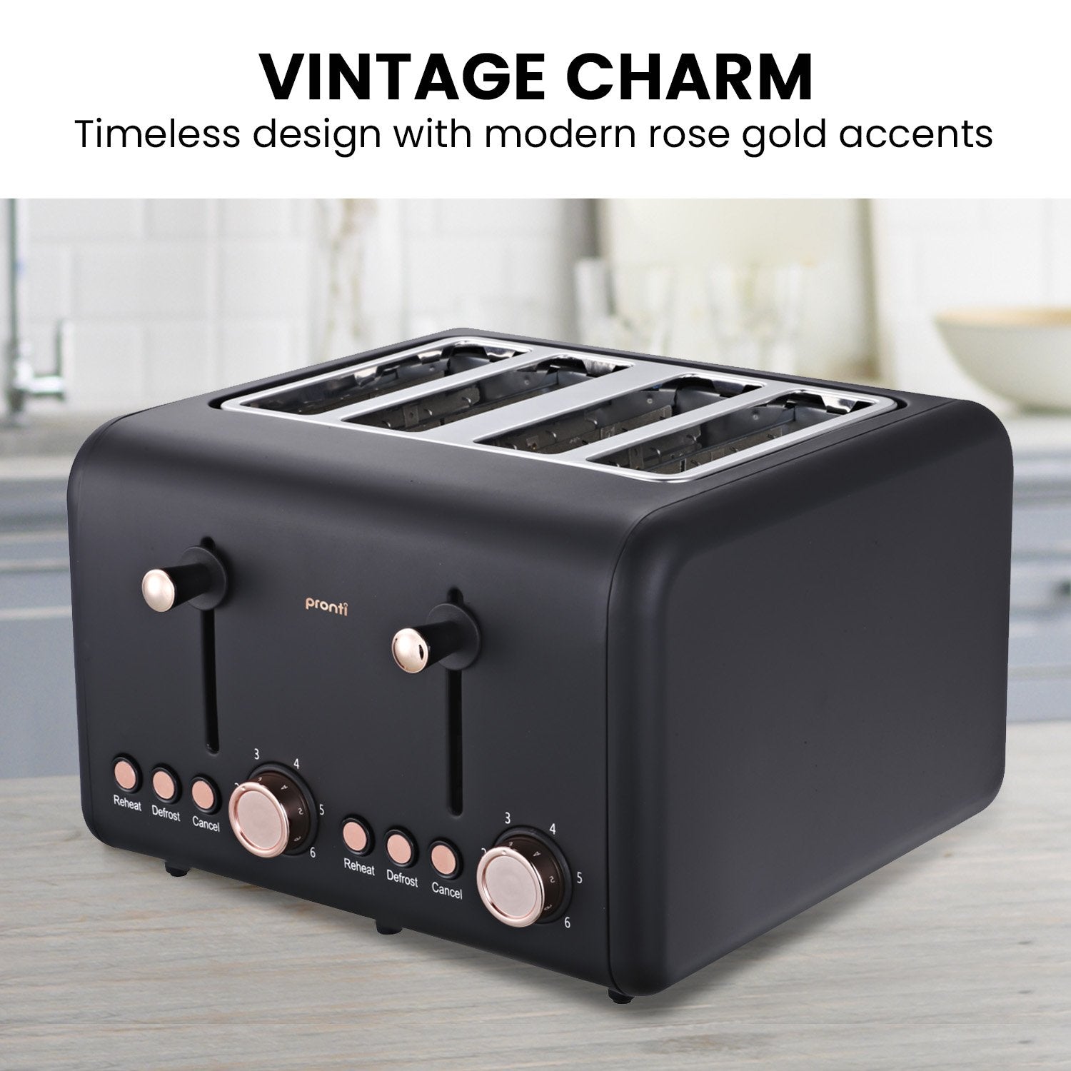 Pronti 4 Slice Toaster Rose Trim Collection - Black - SuperSaverAU - view 2