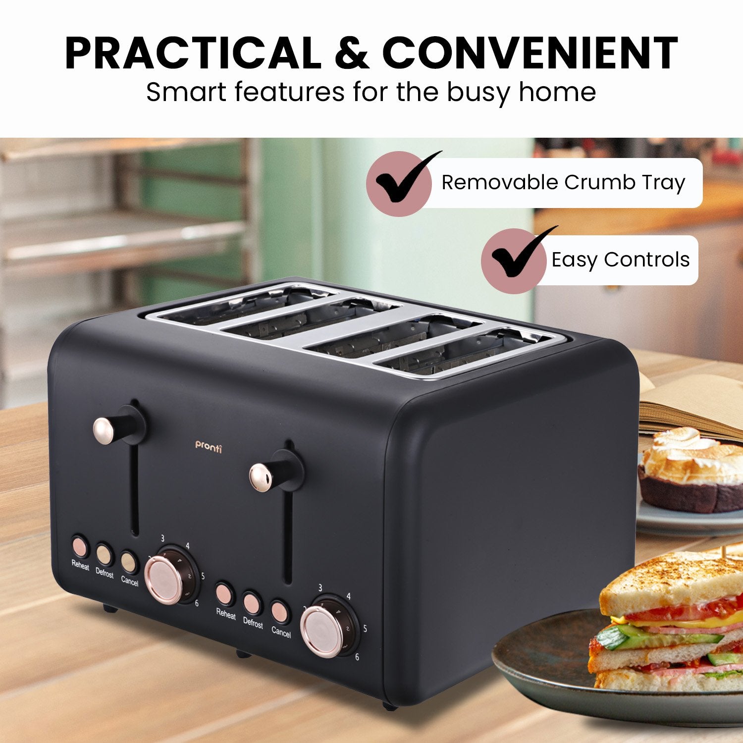 Pronti 4 Slice Toaster Rose Trim Collection - Black - SuperSaverAU - view 6