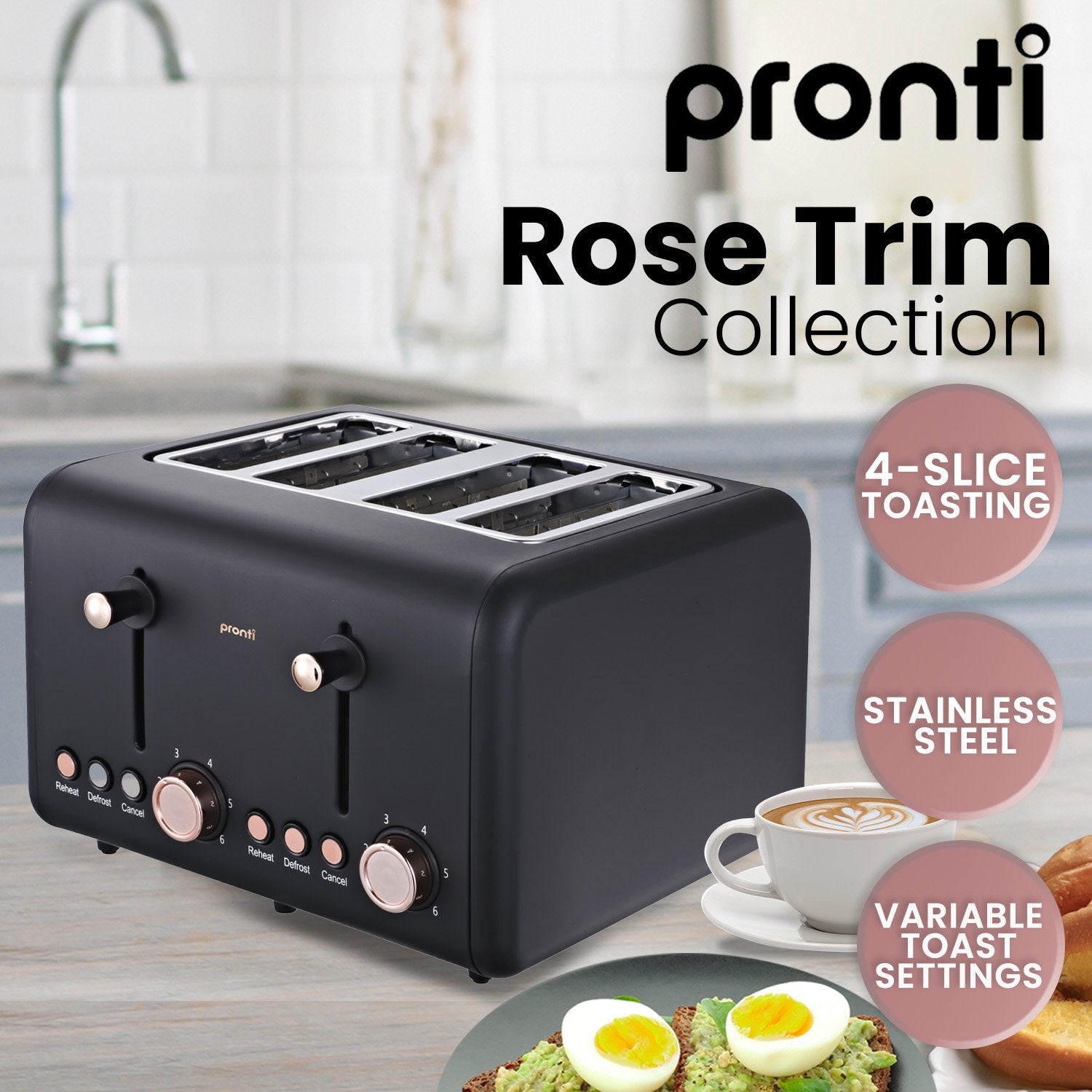 Pronti 4 Slice Toaster Rose Trim Collection - Black - SuperSaverAU - view 8