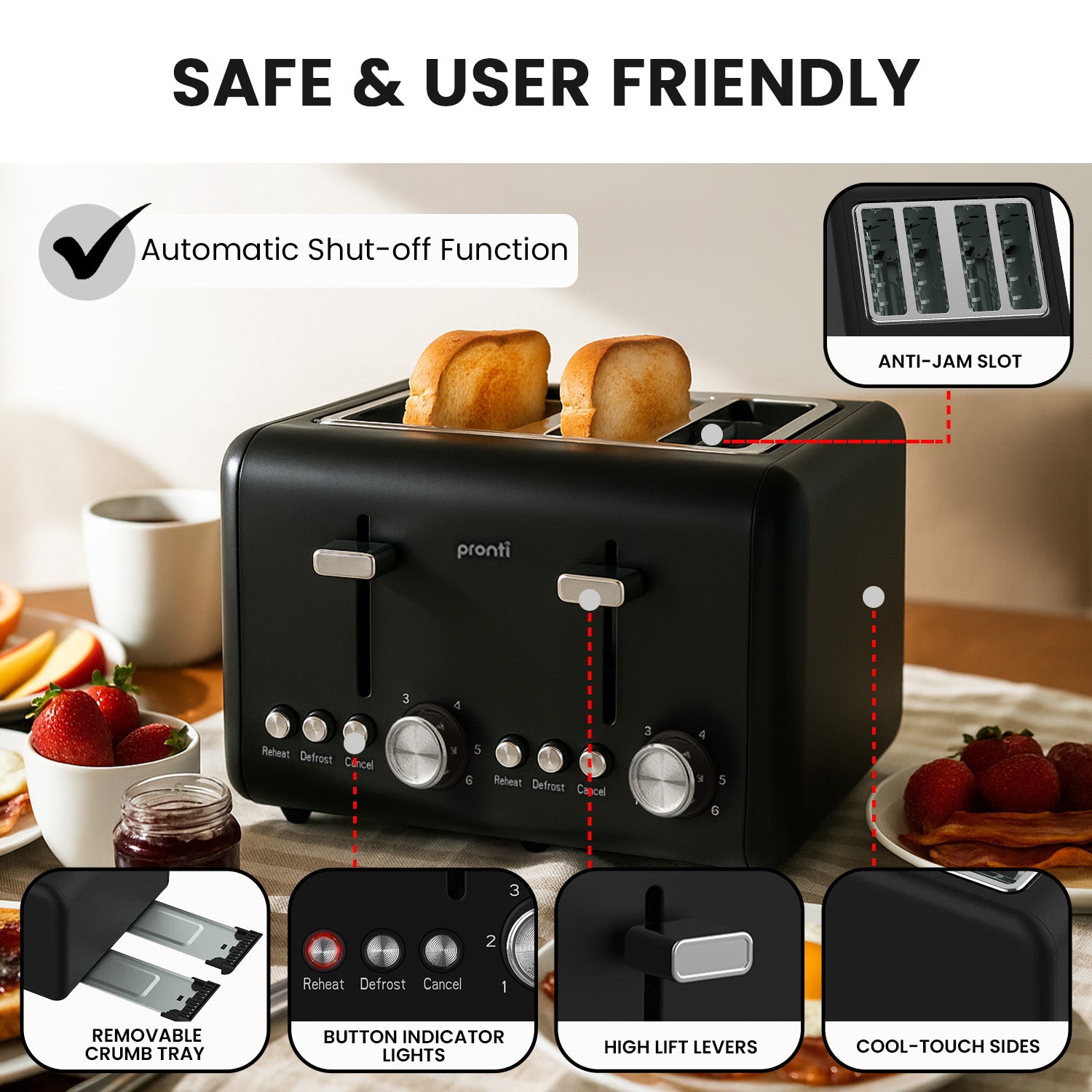 Pronti Silver Noir 4 Slice Toaster with Dual Controls