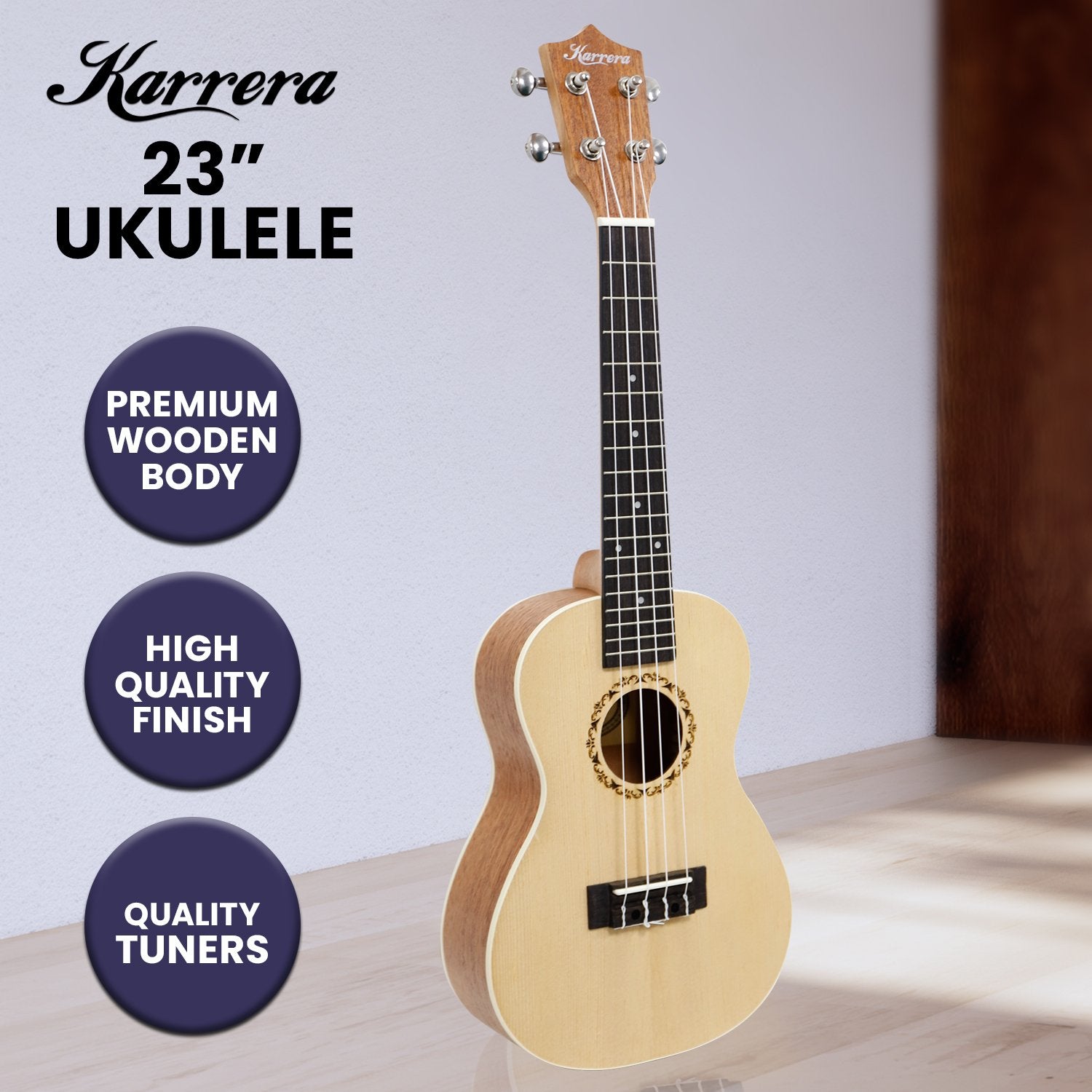 Karrera 23in Natural Wood Ukulele with Nylon Strings & Carrying Bag - SuperSaverAU - view 7