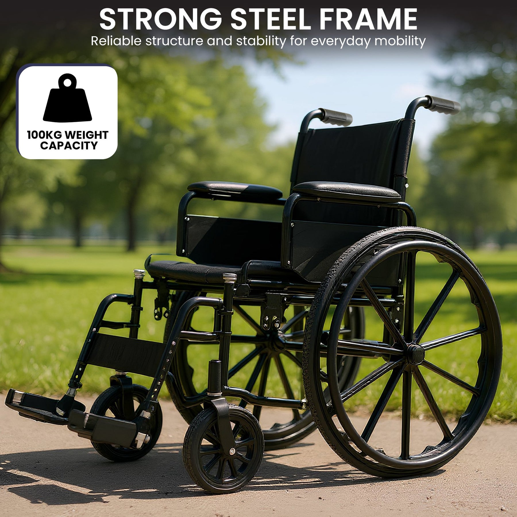 Orthonica Black 24-Inch Foldable Steel Wheelchair with Brakes and Adjustable Footrests