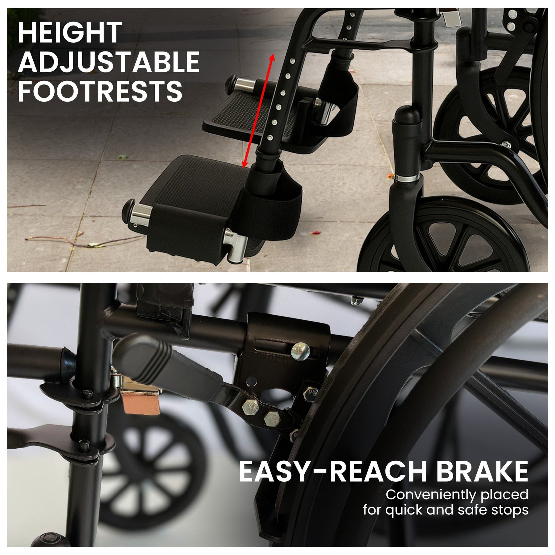 Orthonica Black 24-Inch Foldable Steel Wheelchair with Brakes and Adjustable Footrests
