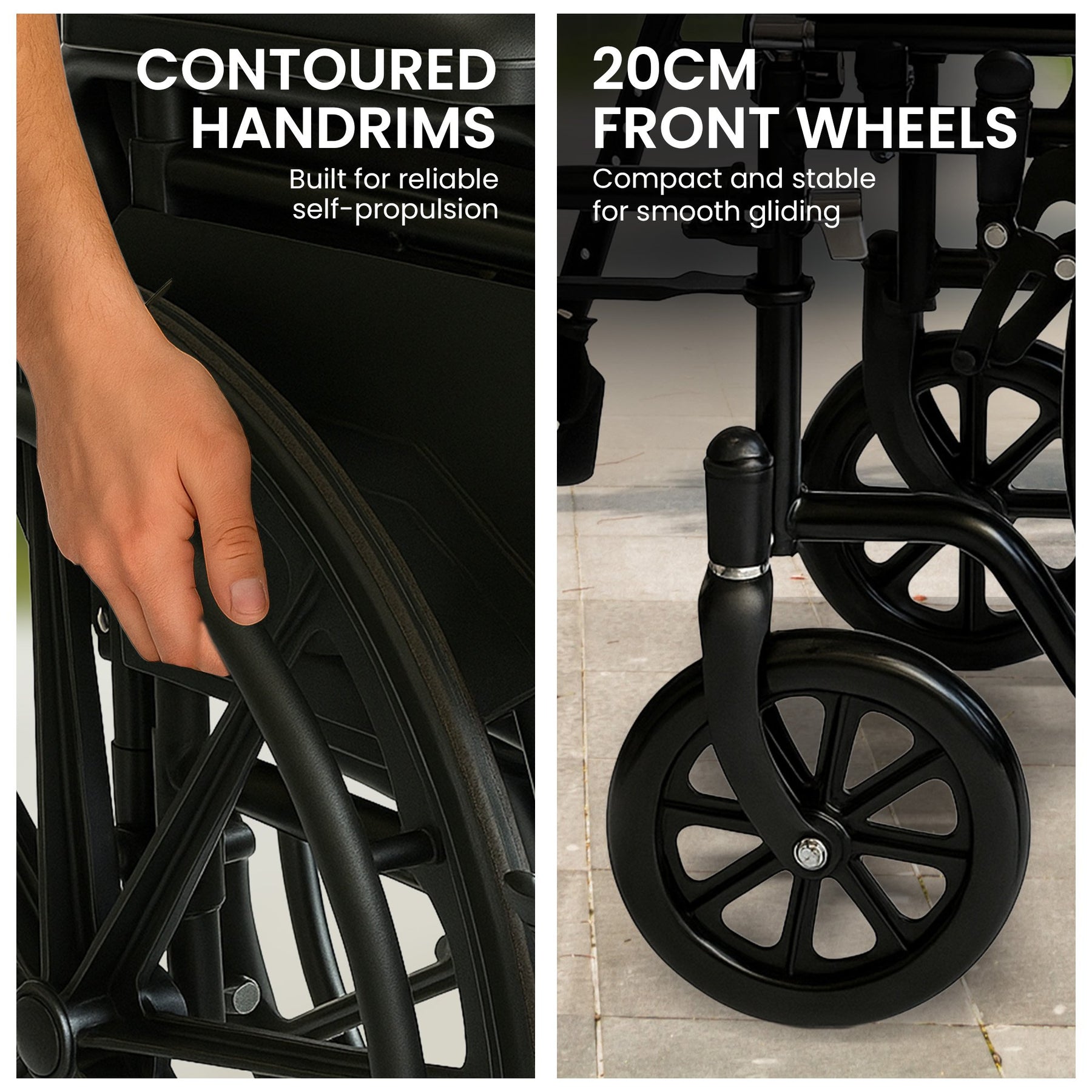 Orthonica Black 24-Inch Foldable Steel Wheelchair with Brakes and Adjustable Footrests