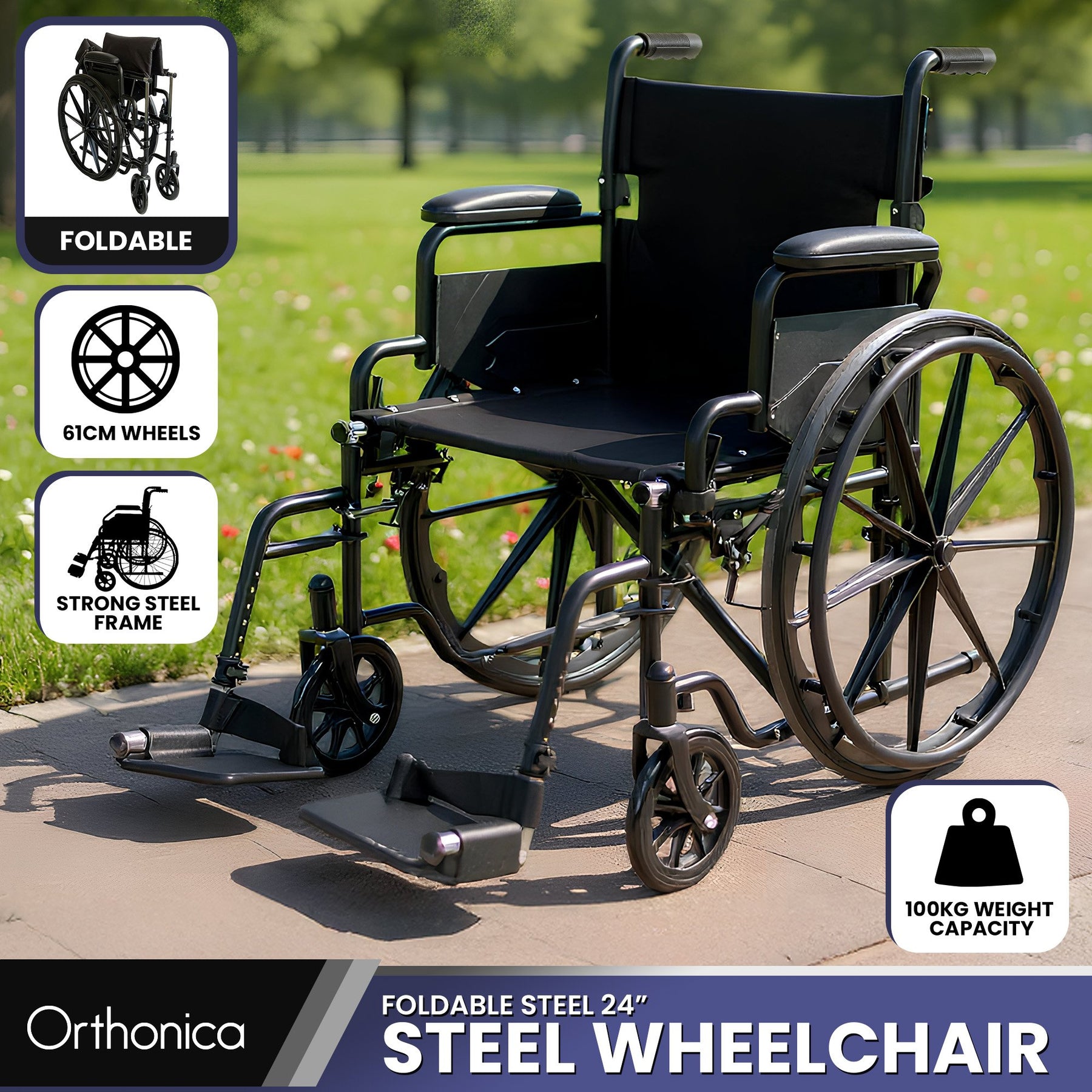 Orthonica Black 24-Inch Foldable Steel Wheelchair with Brakes and Adjustable Footrests