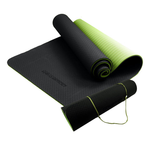 Powertrain Dual Layer TPE Yoga Mat with Carry Strap - Black/Green, 8mm